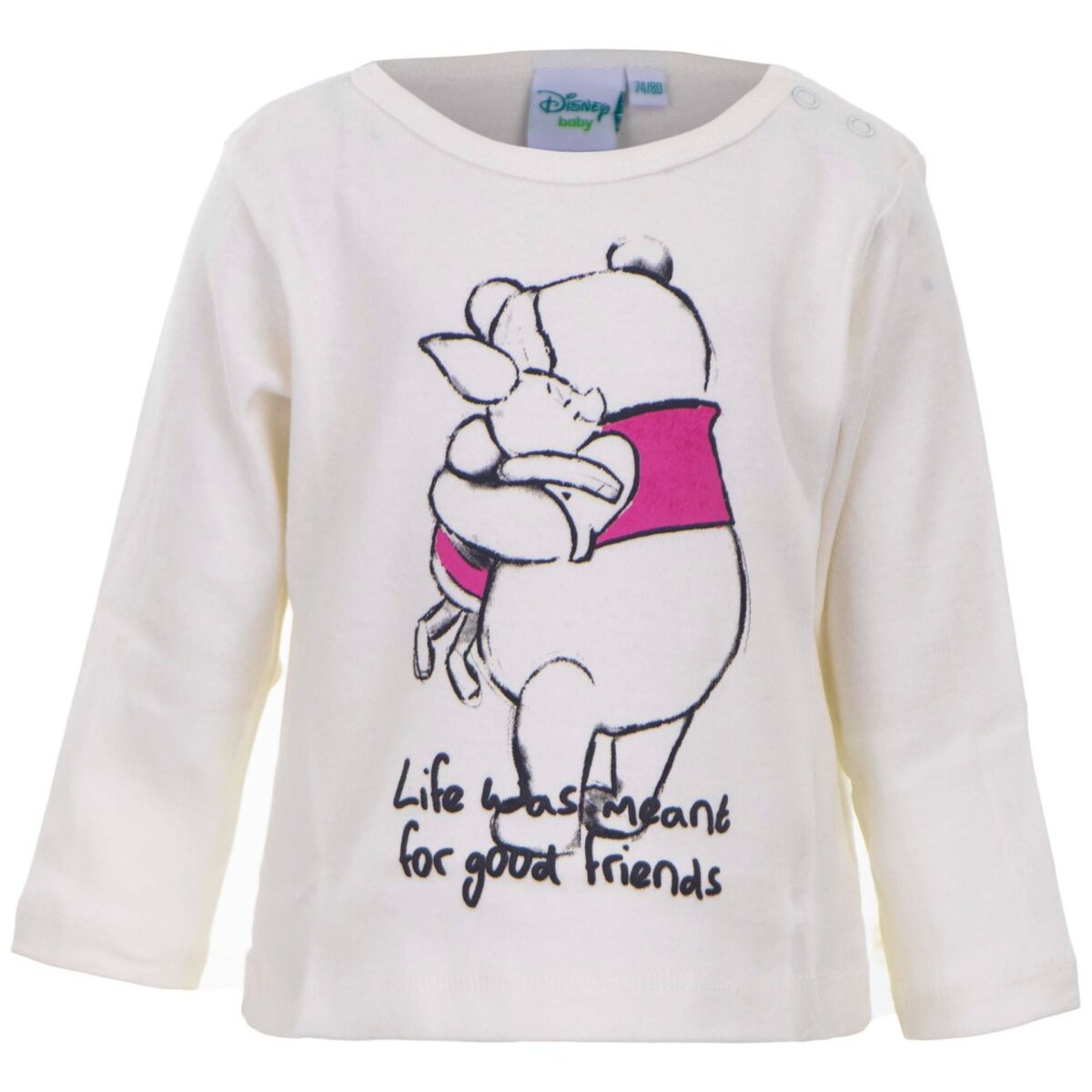 Ein weißes Langarmshirt mit einem Aufdruck von Winnie Puuh und Ferkel, die sich umarmen.