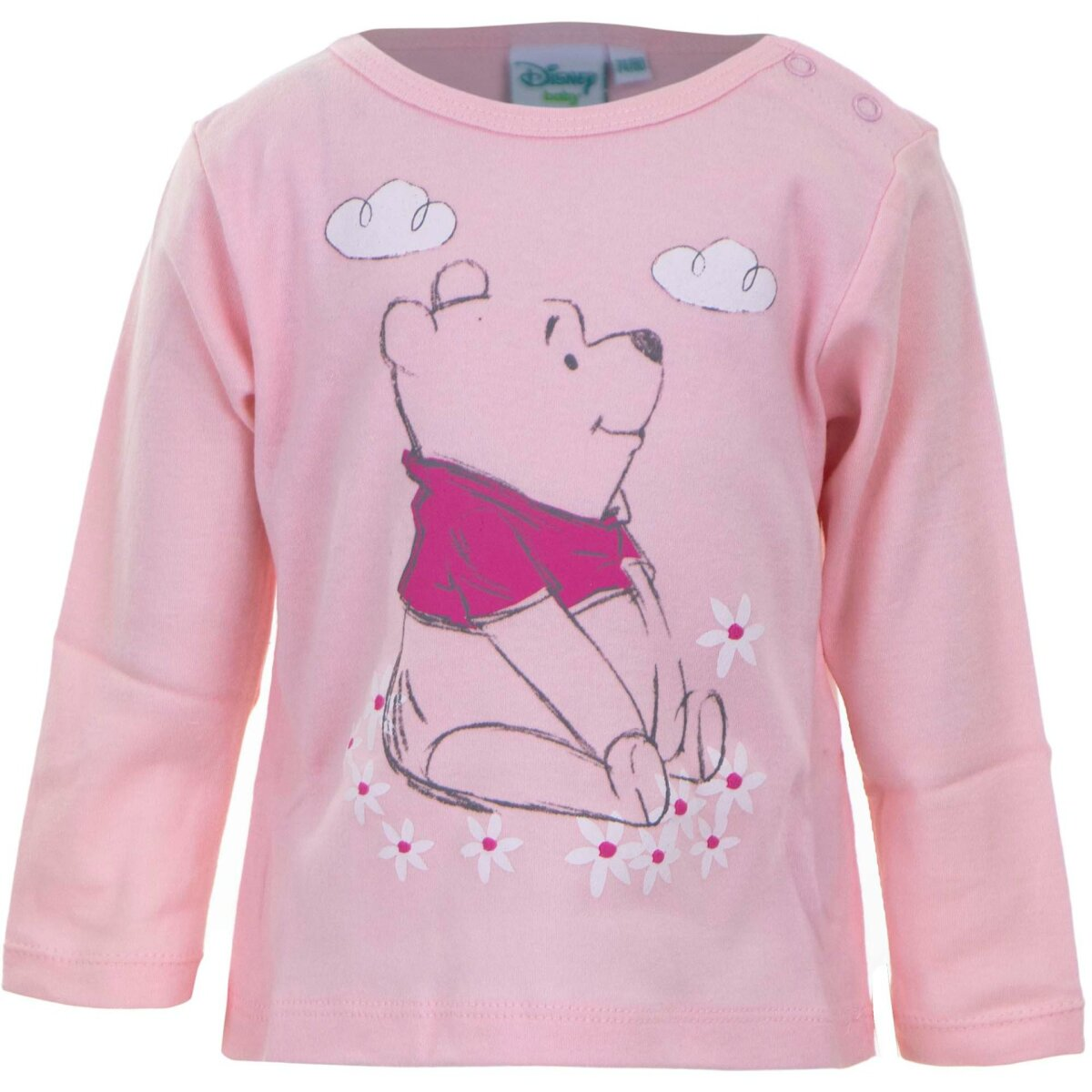 Ein rosa Langarmshirt für Babys mit Winnie Puuh, Wolken und Blumen.