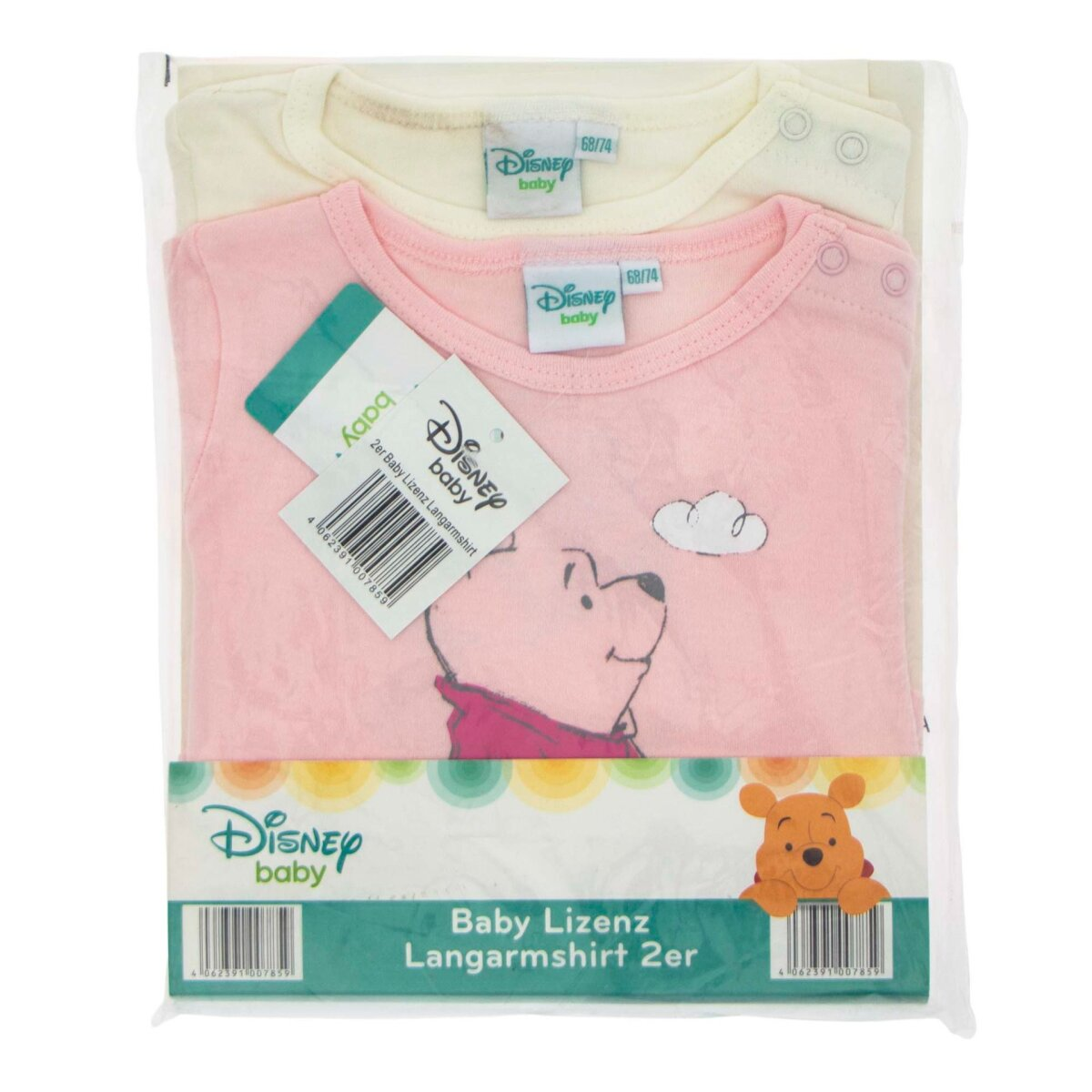 Zwei Baby-Langarmshirts im Doppelpack, eins cremefarben, eins rosa mit Winnie Puuh.