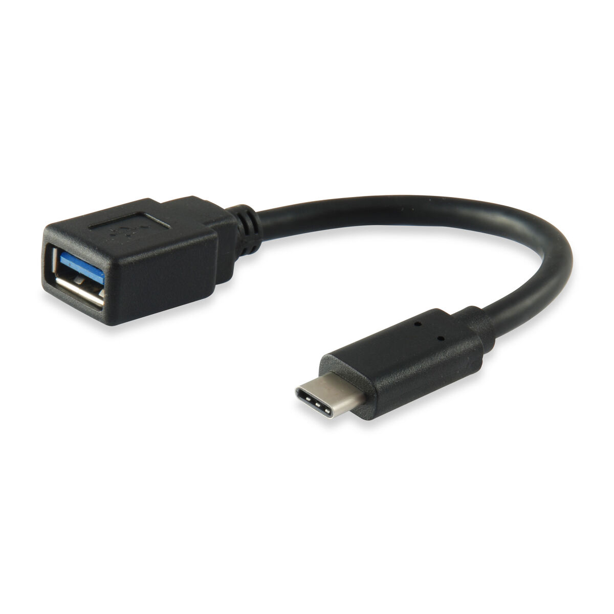 Schwarzes USB-A-zu-USB-C-Kabel mit blauem USB-A-Anschluss und silbernem USB-C-Anschluss.