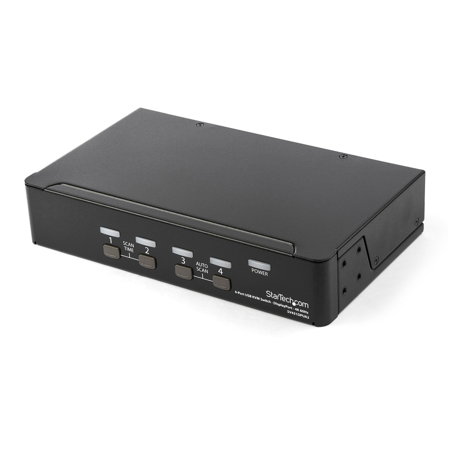 Switch KVM USB nero a 4 porte con DisplayPort, pulsanti per tempo di scansione, scansione automatica e accensione.