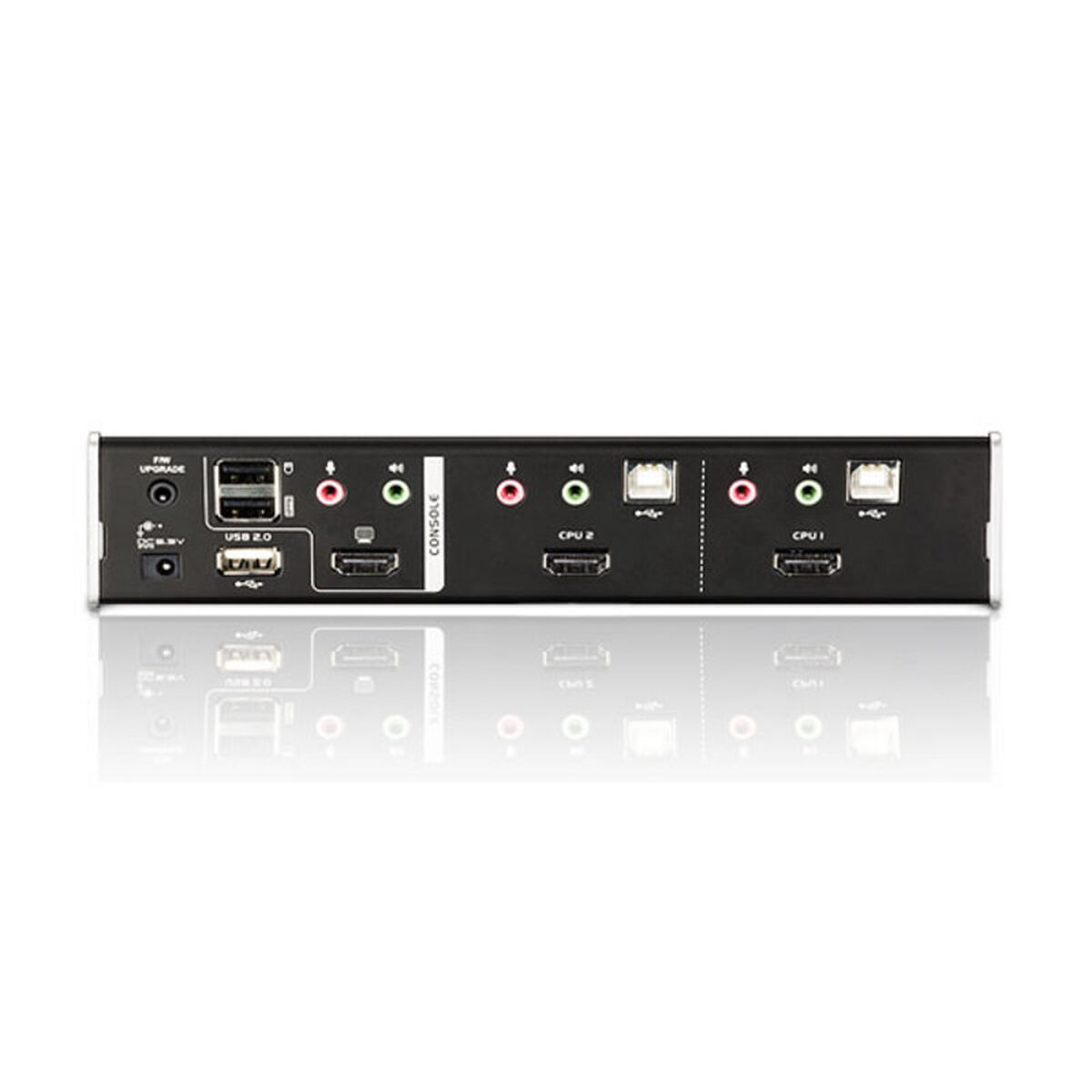 Un appareil noir avec ports : USB, HDMI, audio et connexions d'alimentation.