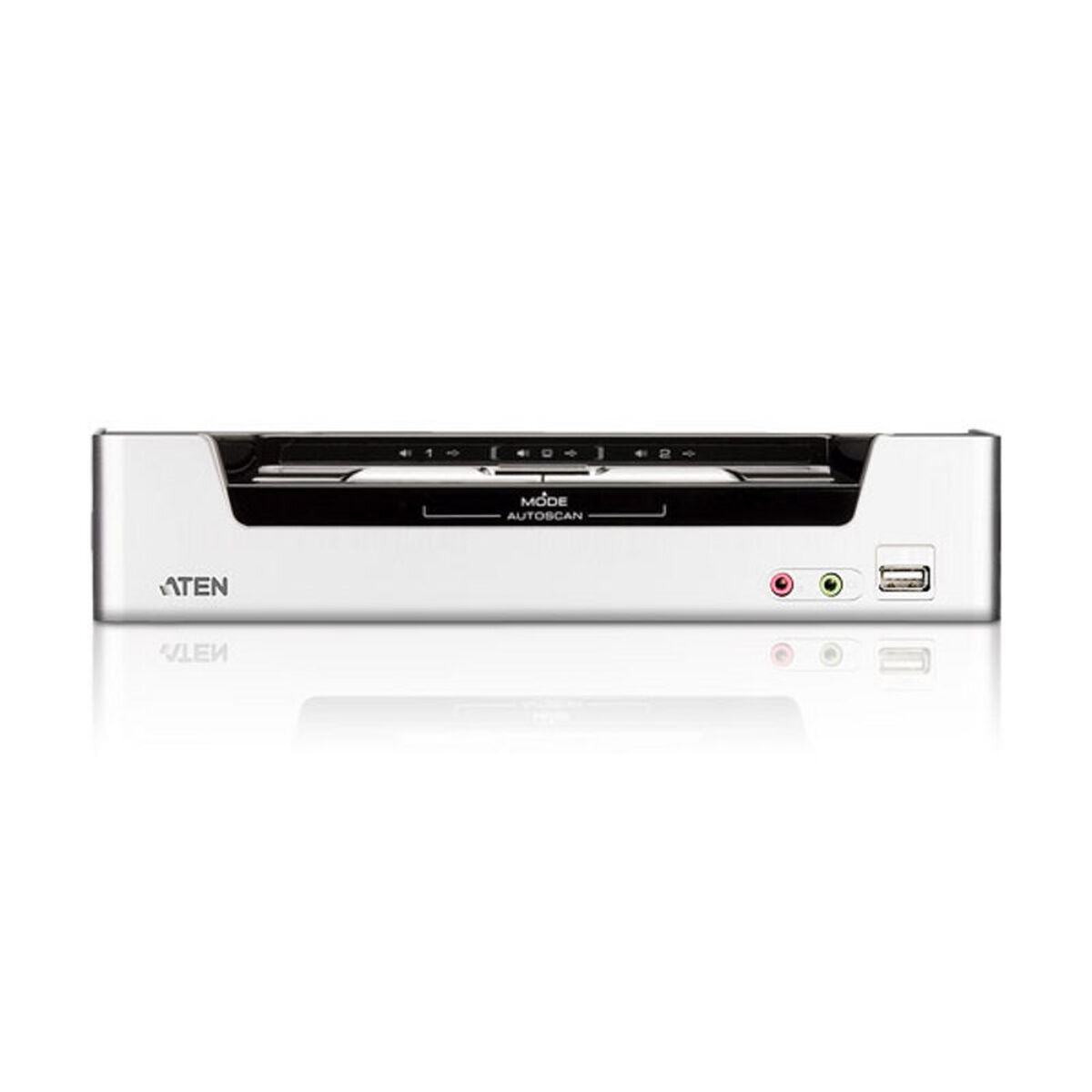 Un commutateur KVM blanc avec logo ATEN, ports et étiquettes.