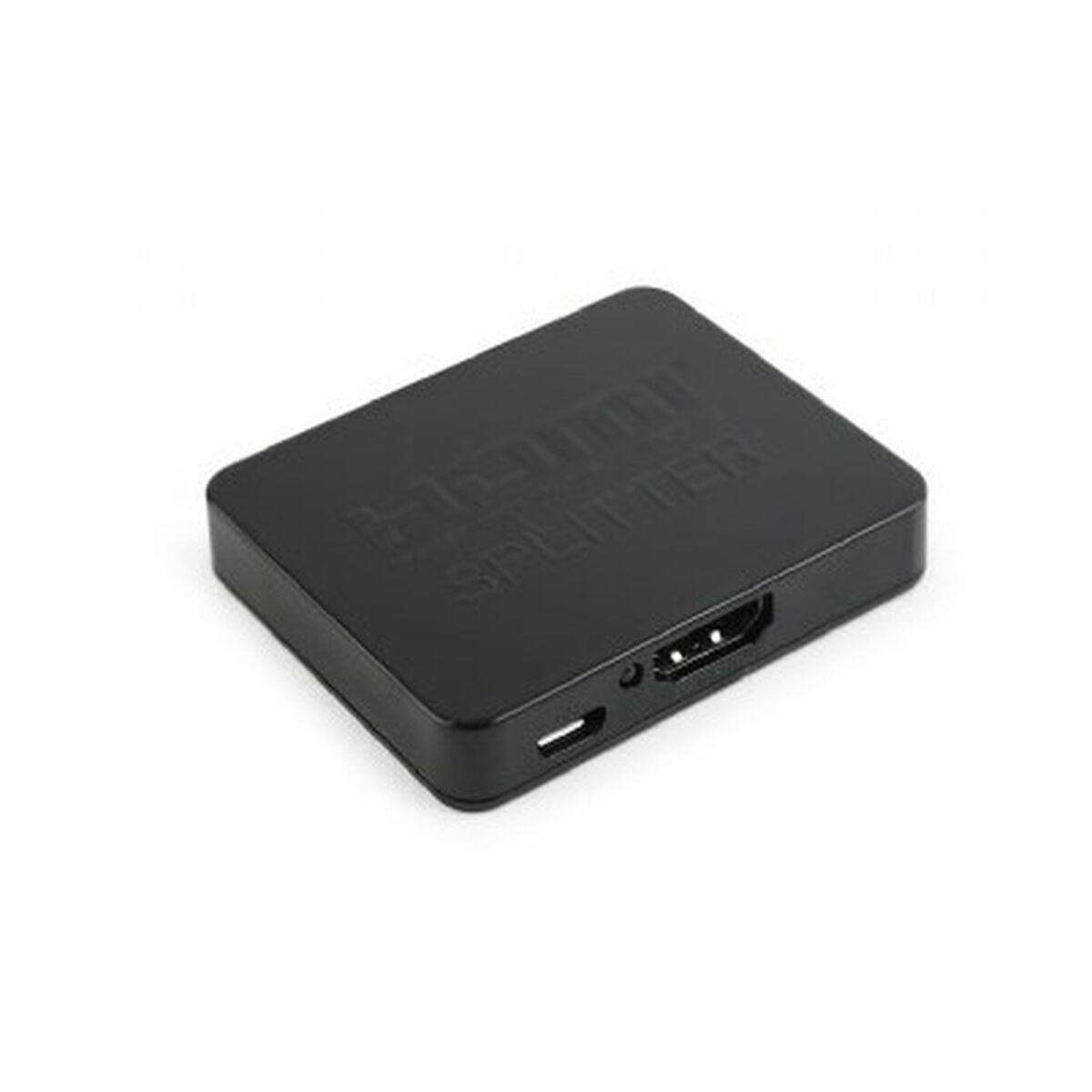 Ein schwarzer HDMI-Splitter mit Anschlüssen und Beschriftung.