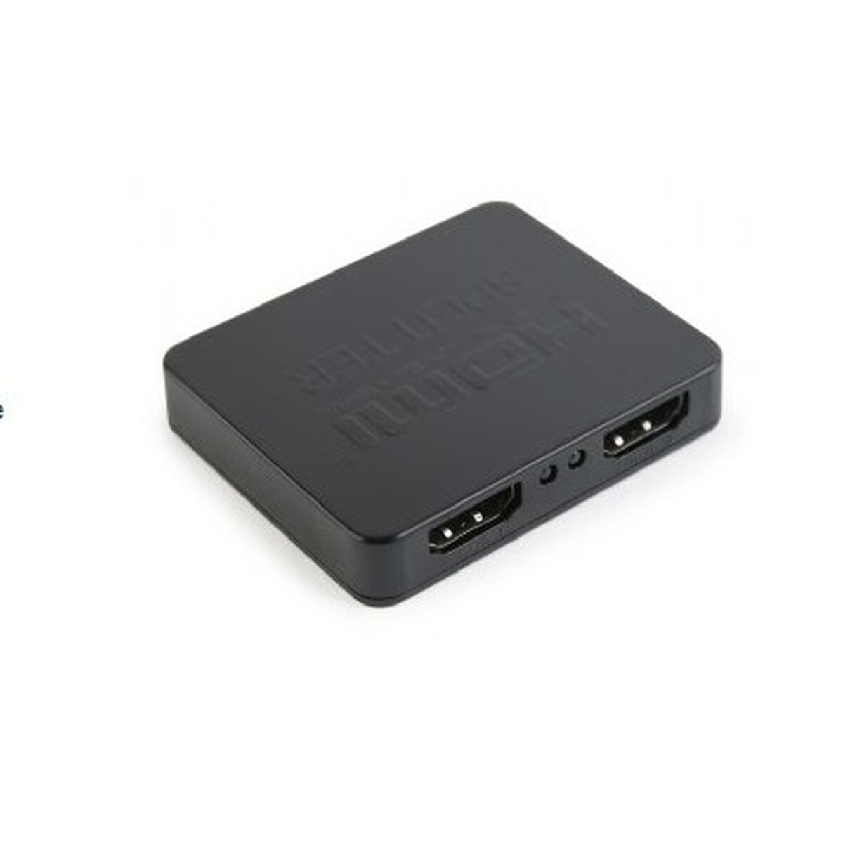 Schwarzer HDMI-Splitter mit zwei HDMI-Anschlüssen und eingraviertem Logo.
