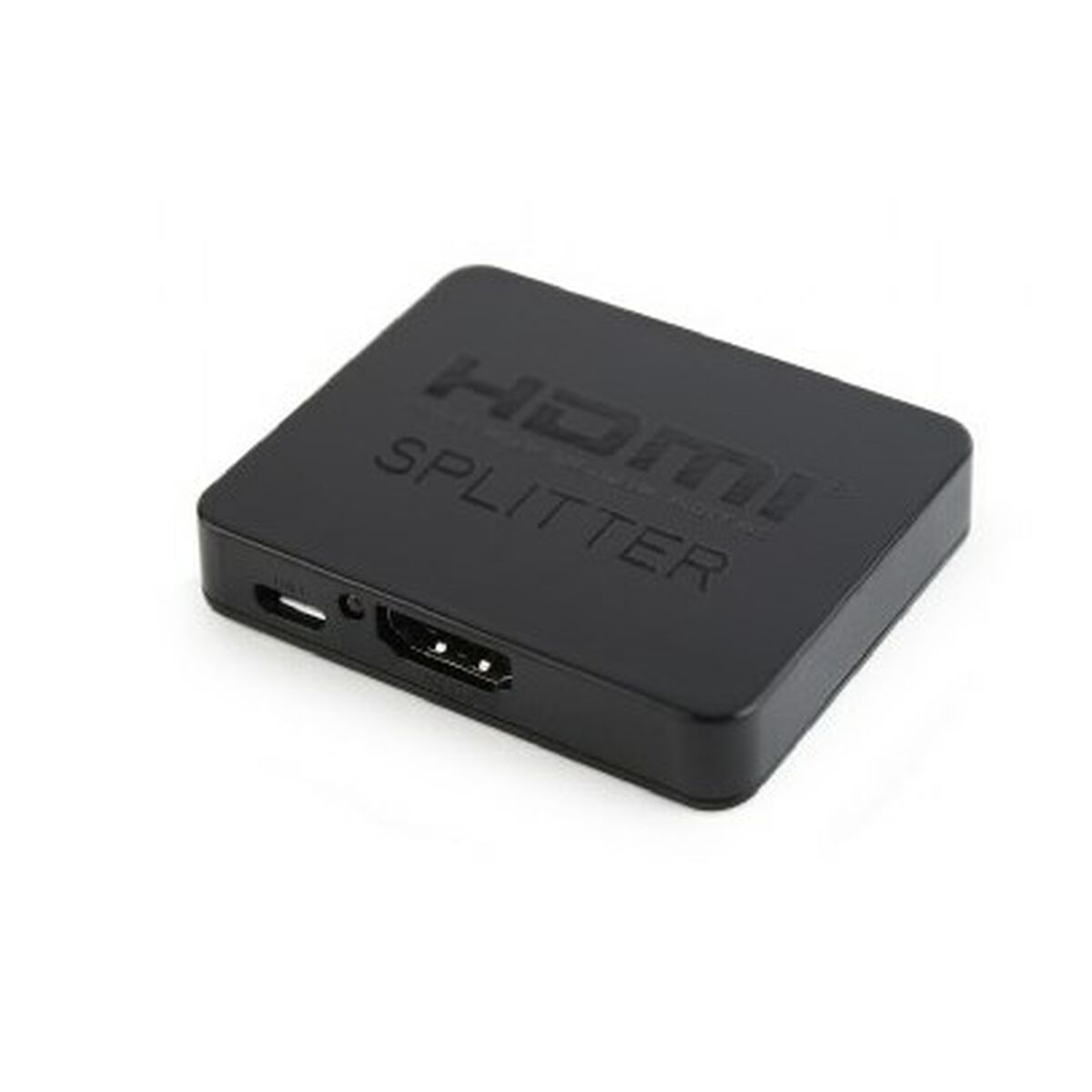 Ein schwarzer HDMI-Splitter mit Anschlüssen und Beschriftung.