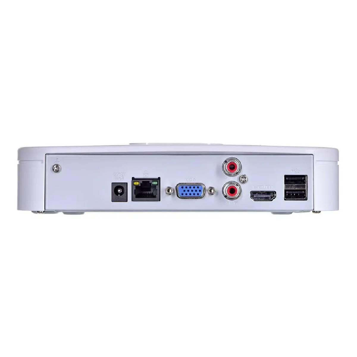 Rückseite eines weißen Geräts mit Anschlüssen: Strom, Ethernet, VGA, Audio In/Out, HDMI und USB.