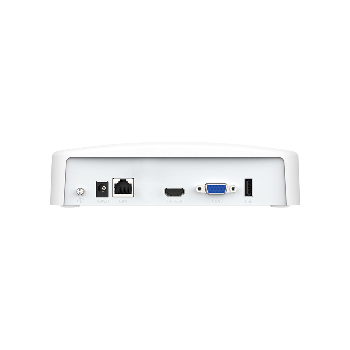 Weiße Box mit Anschlüssen: Strom, LAN, HDMI, VGA, USB.