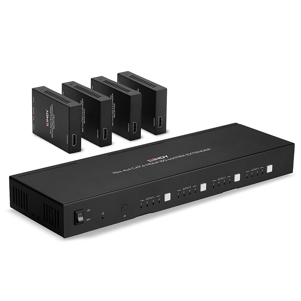 Ein schwarzer 70m 4x4 HDMI Matrix Extender mit vier Empfängern.