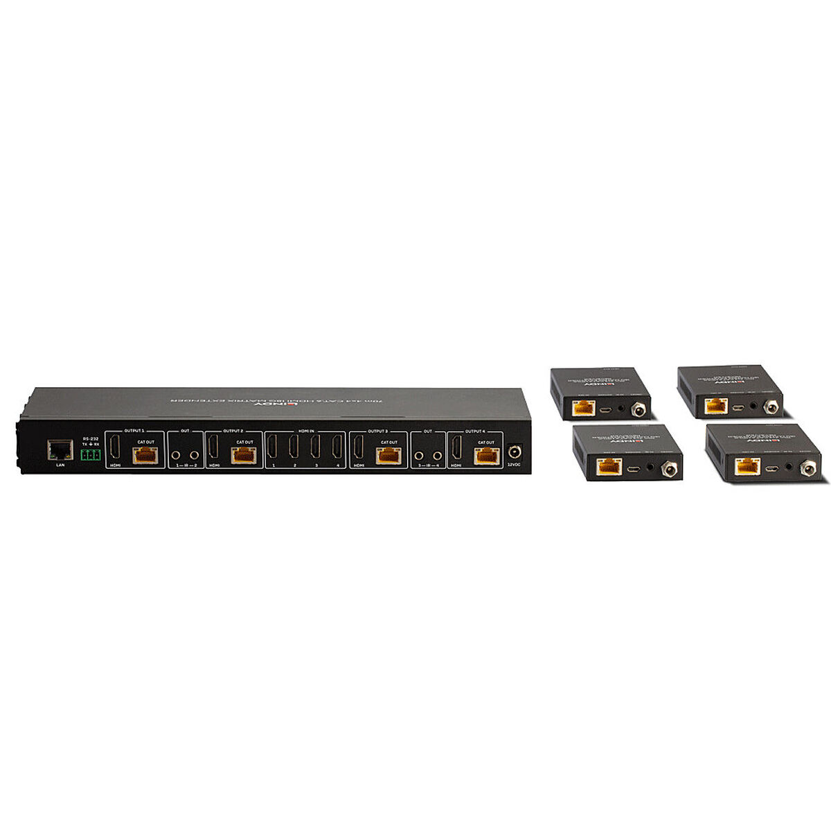 Schwarzer 4x4 HDMI Matrix Extender mit vier Empfängern, LAN- und HDMI-Anschlüssen.