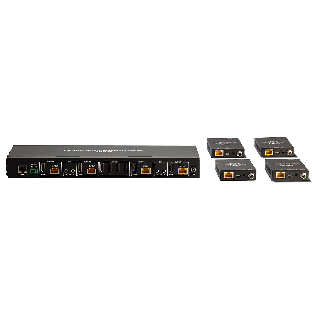 Ein schwarzer 4x4 HDMI CAT Extender mit vier kleineren schwarzen Empfängern daneben.