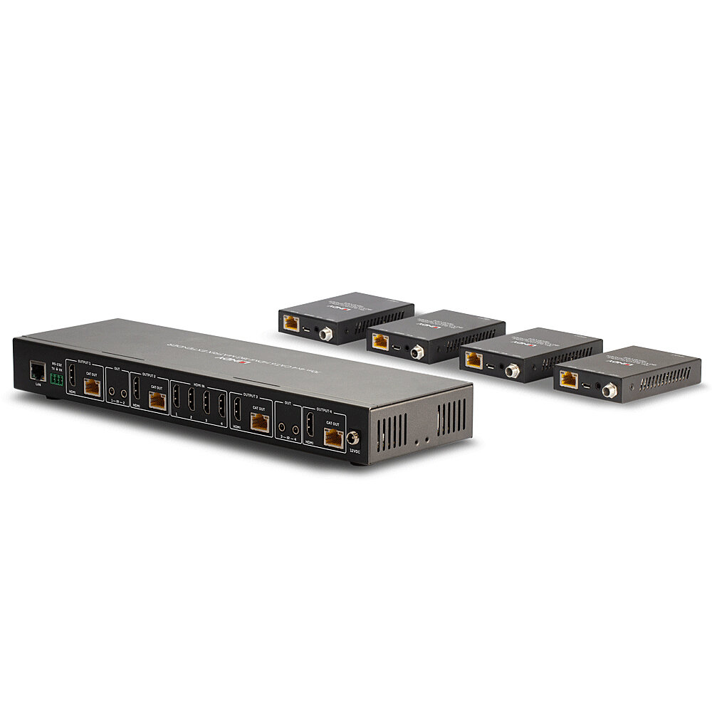 Ein schwarzer HDMI-Extender mit 4 Ausgängen und vier Empfängern auf weißem Hintergrund.