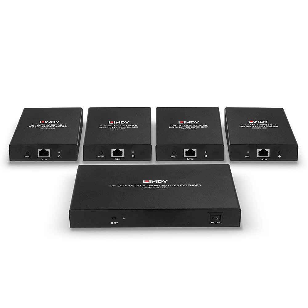 Fünf schwarze LINDY HDMI Splitter Extender-Geräte auf weißem Hintergrund.