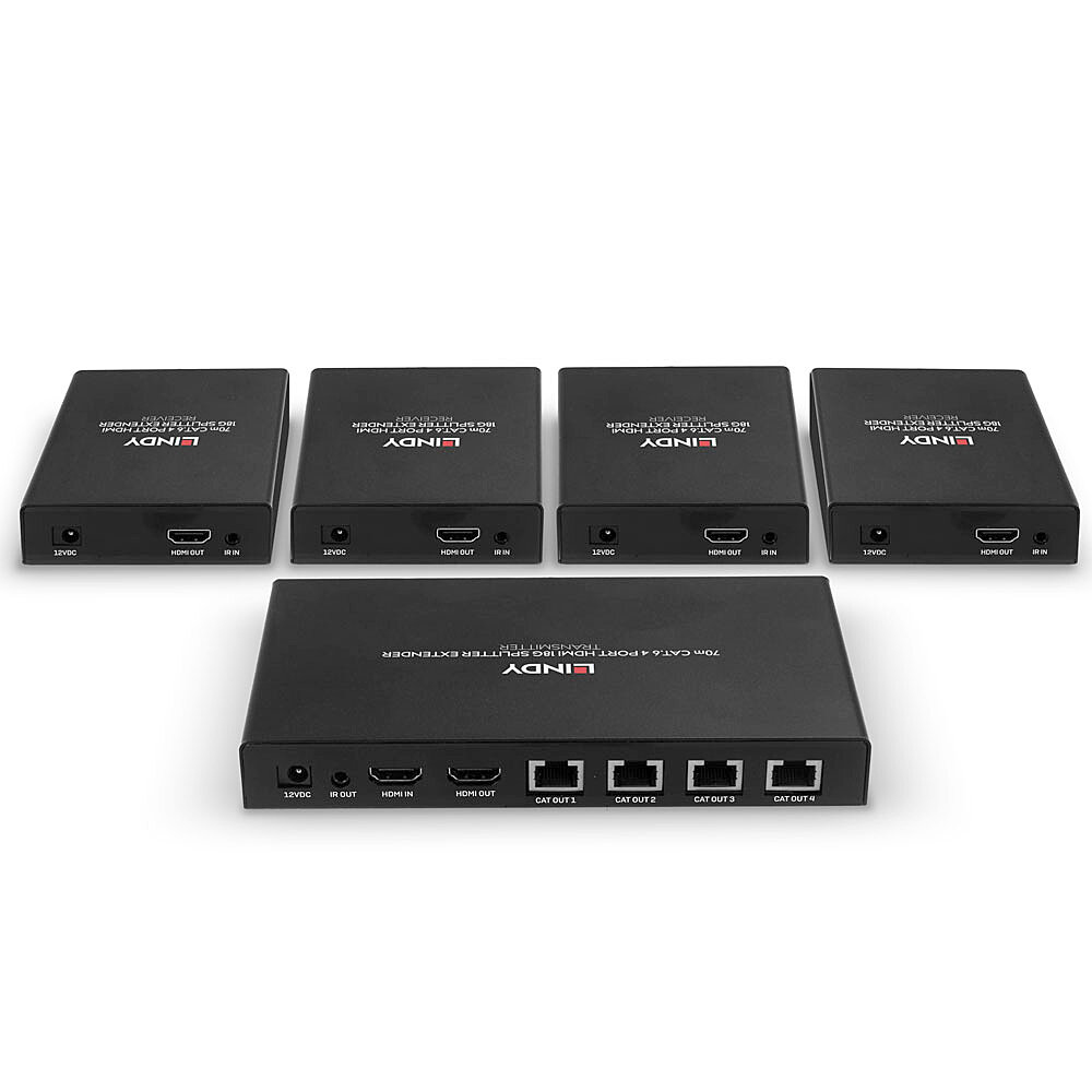 Schwarzer LINDY HDMI Splitter Extender mit vier Empfängern und einem Sender.