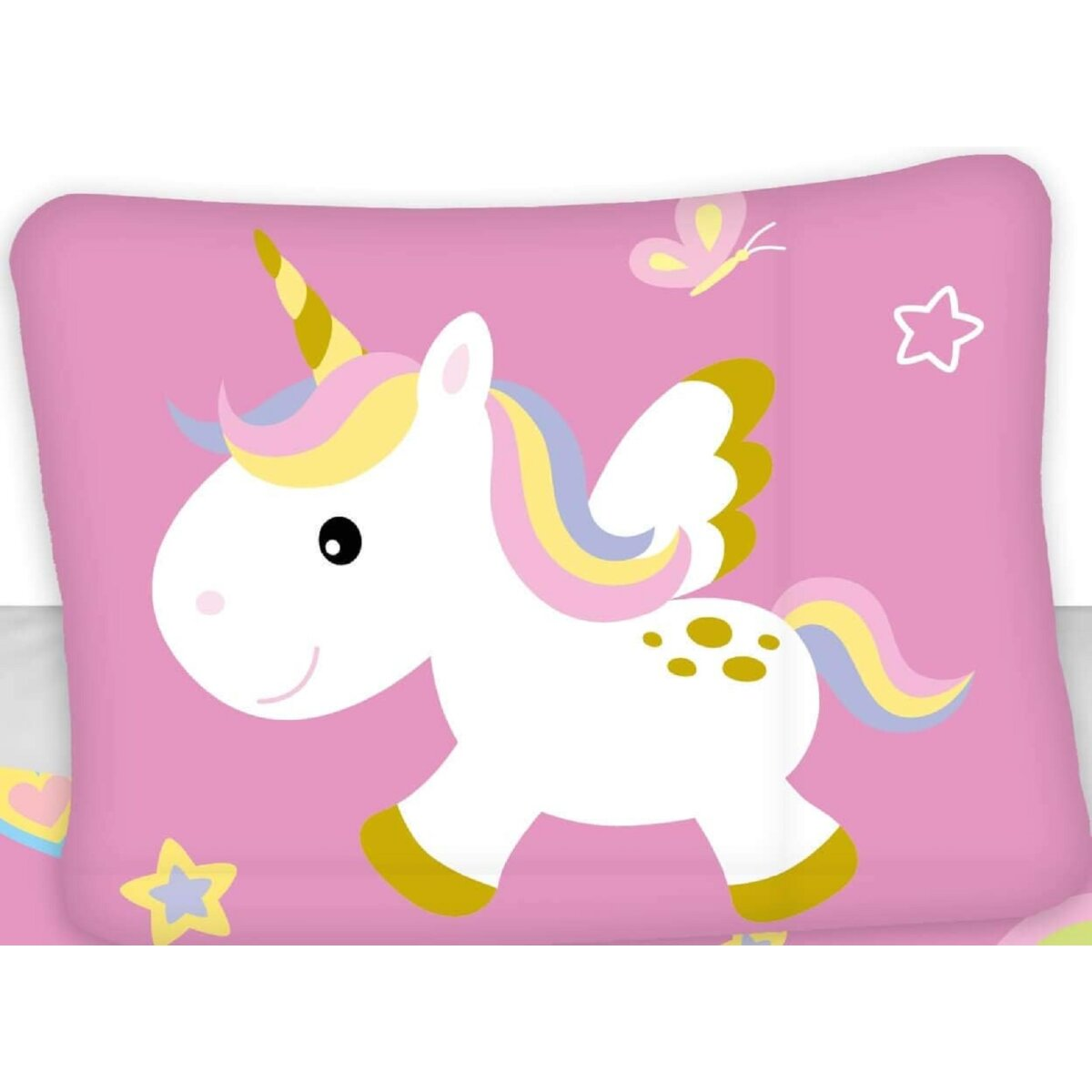 Ein weißes Einhorn mit bunten Mähnen und Flügeln auf rosa Hintergrund.
