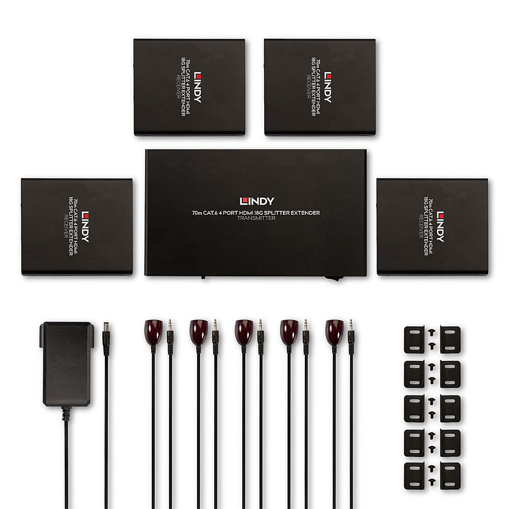 LINDY HDMI Extender Set: 1 Transmitter, 4 Receiver, Kabel und IR-Empfänger.