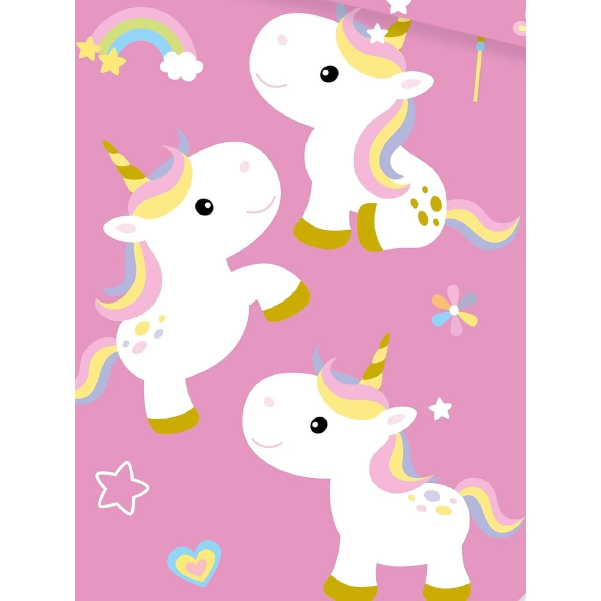 Drei weiße Einhörner mit bunten Mähnen auf rosa Hintergrund. Mit Sternen, Herzen und Regenbogen.
