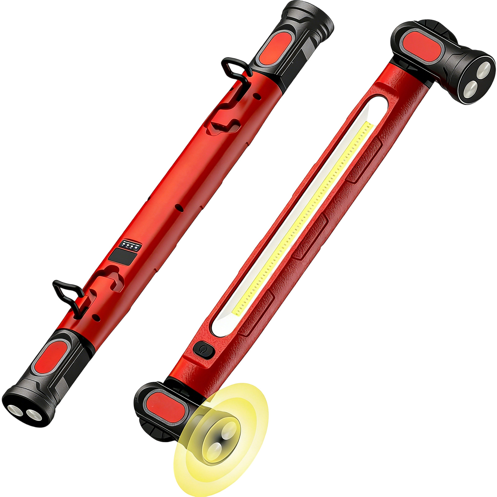 Zwei rote LED-Arbeitsleuchten mit schwarzen Akzenten auf weißem Hintergrund.