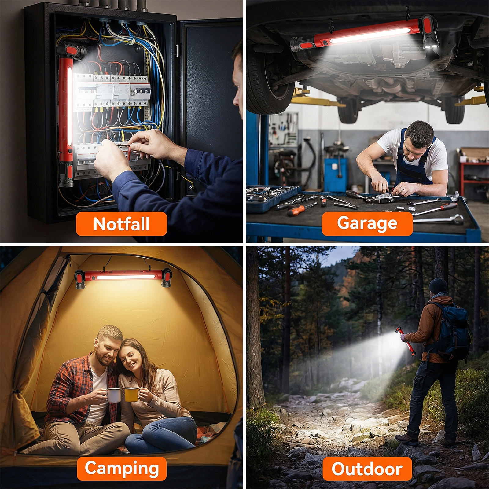 Vier Szenen: Elektriker, Autoreparatur, Camping und Wanderer mit Licht.