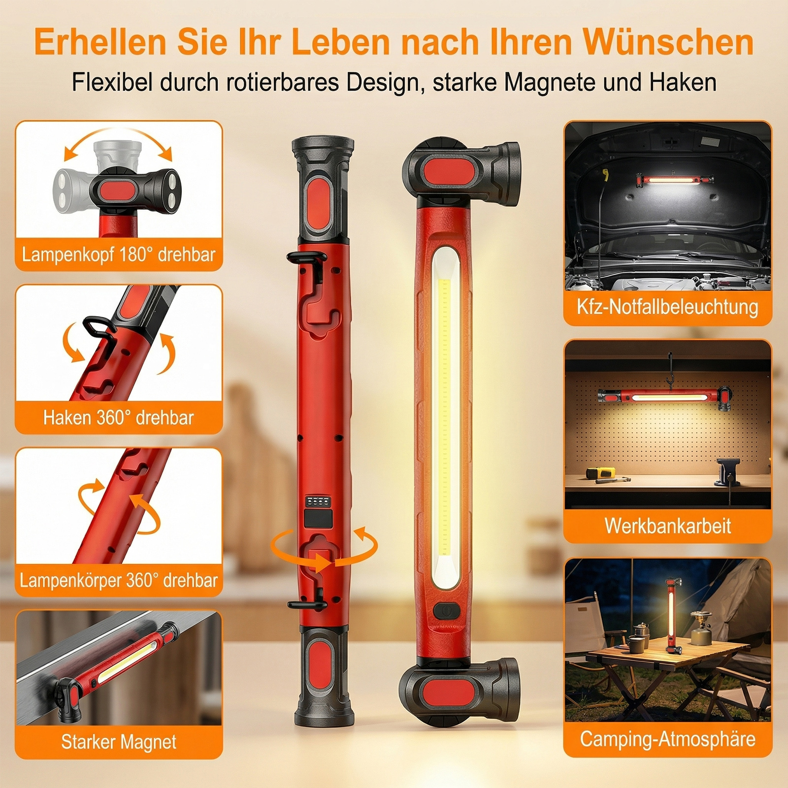 Rotes Arbeitslicht mit schwenkbarem Kopf, Magnetfuß und Haken. Mehrere Anwendungsbilder.