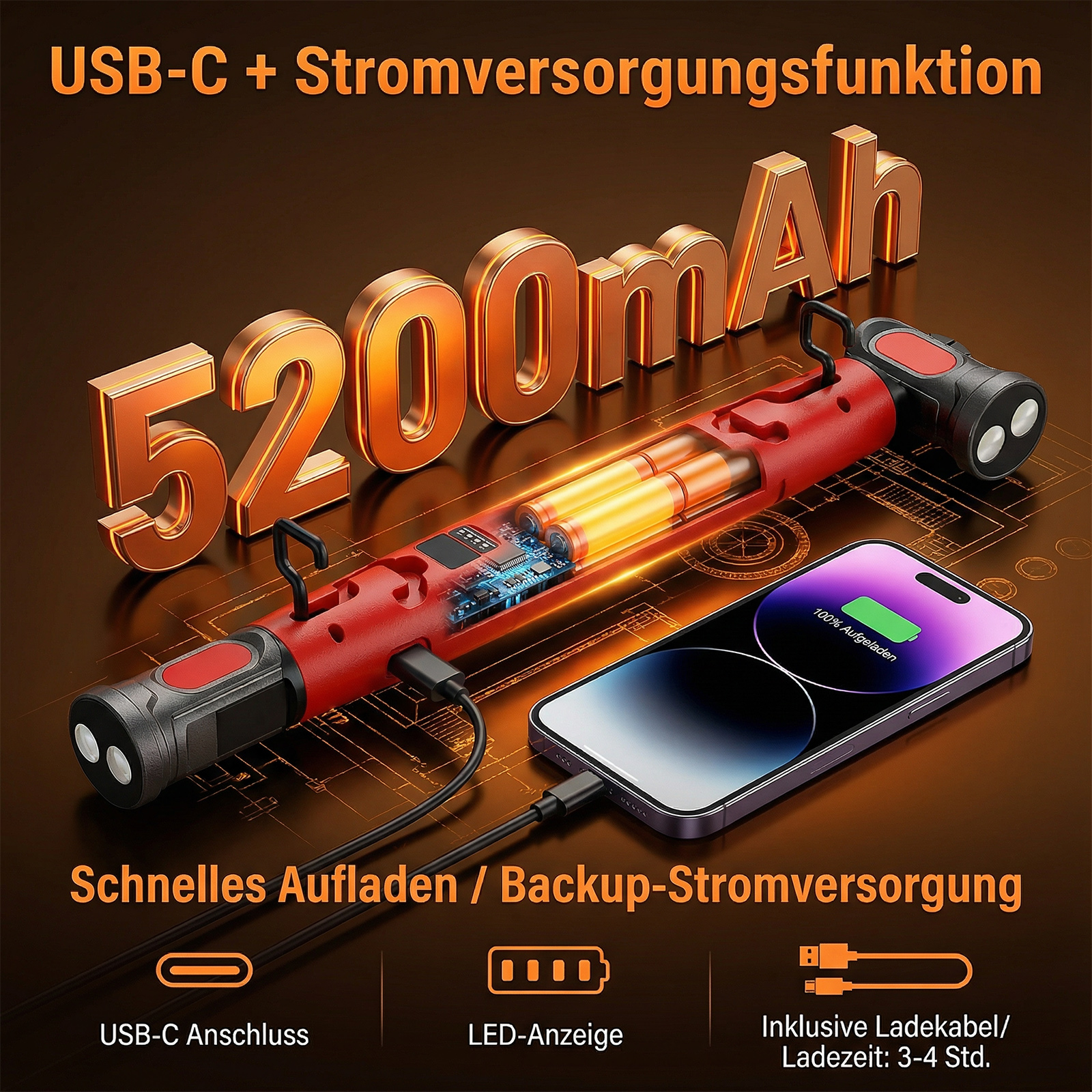 5200mAh Powerbank lädt ein Smartphone über USB-C. Mit LED-Anzeige und Kabel.