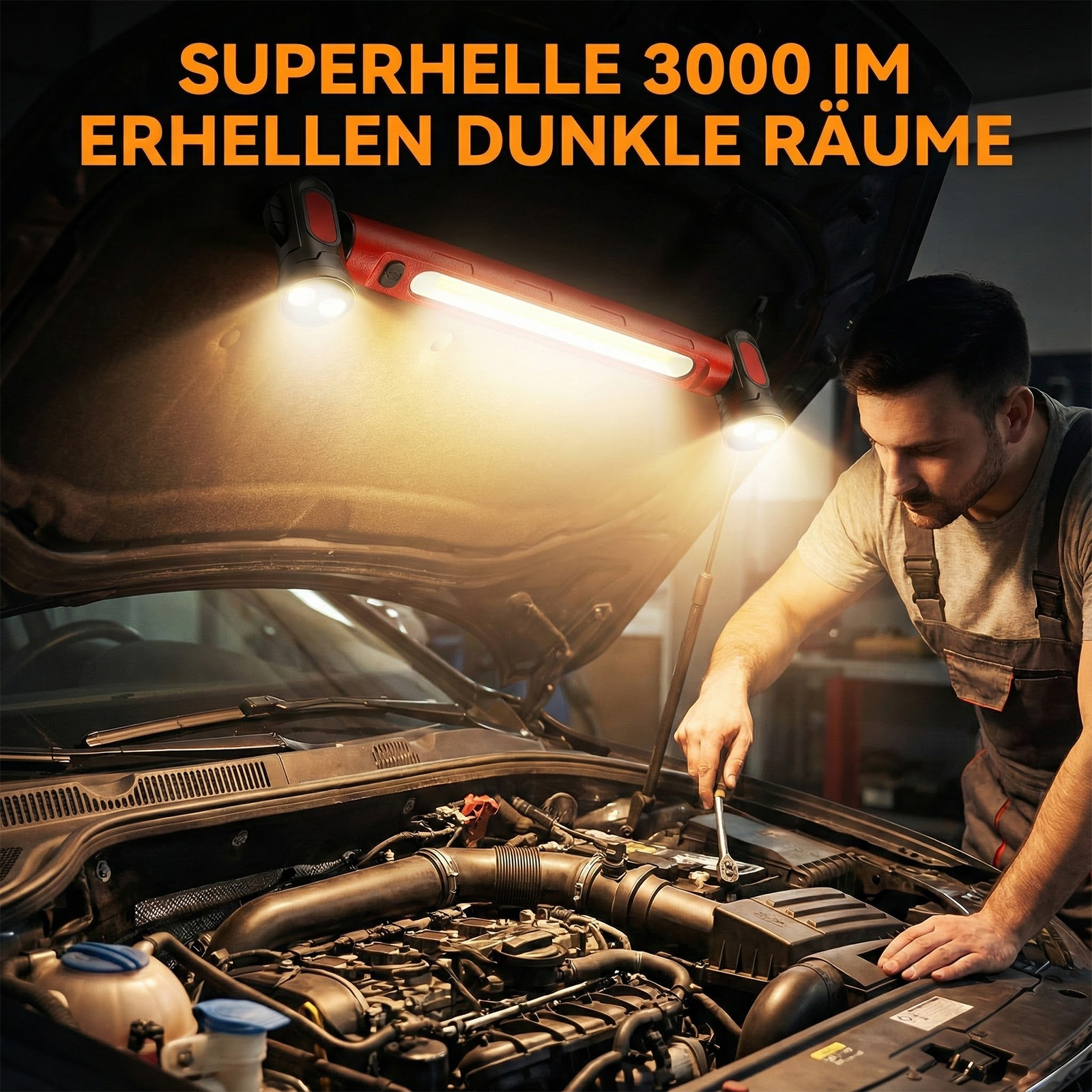Mechaniker repariert Auto mit hellem Arbeitslicht über dem Motor.