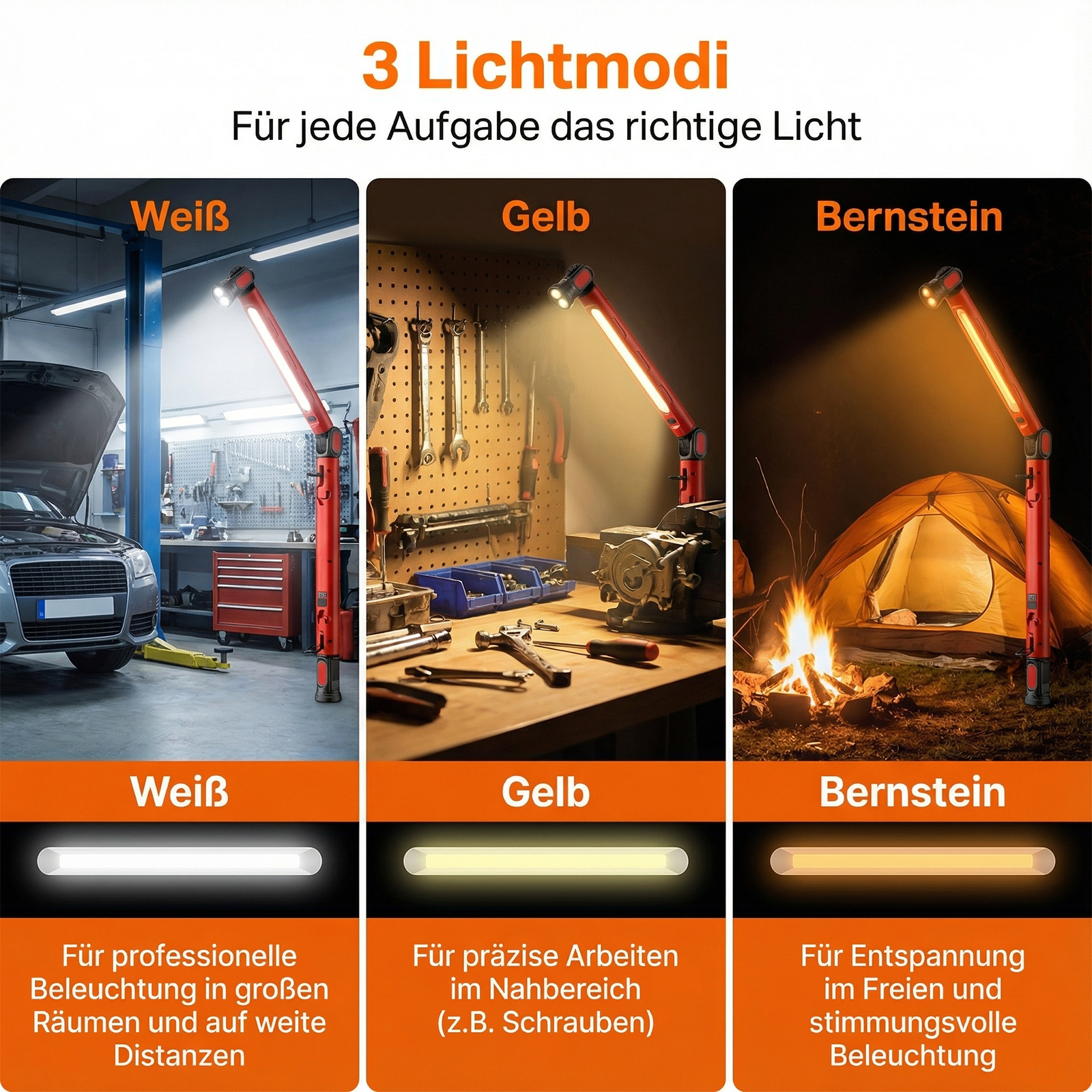 Drei Lichtmodi: Weiß in Werkstatt, Gelb auf Werkbank, Bernstein am Lagerfeuer.