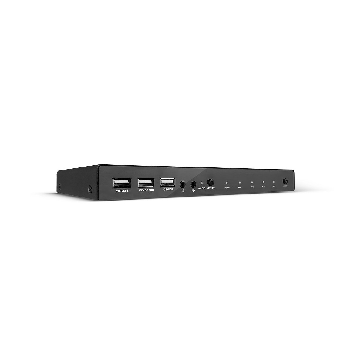 Switch KVM nero con porte USB per mouse, tastiera, dispositivo e audio.