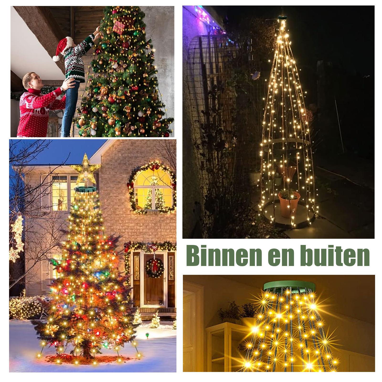 Weihnachtsbäume drinnen und draußen mit Lichtern geschmückt.