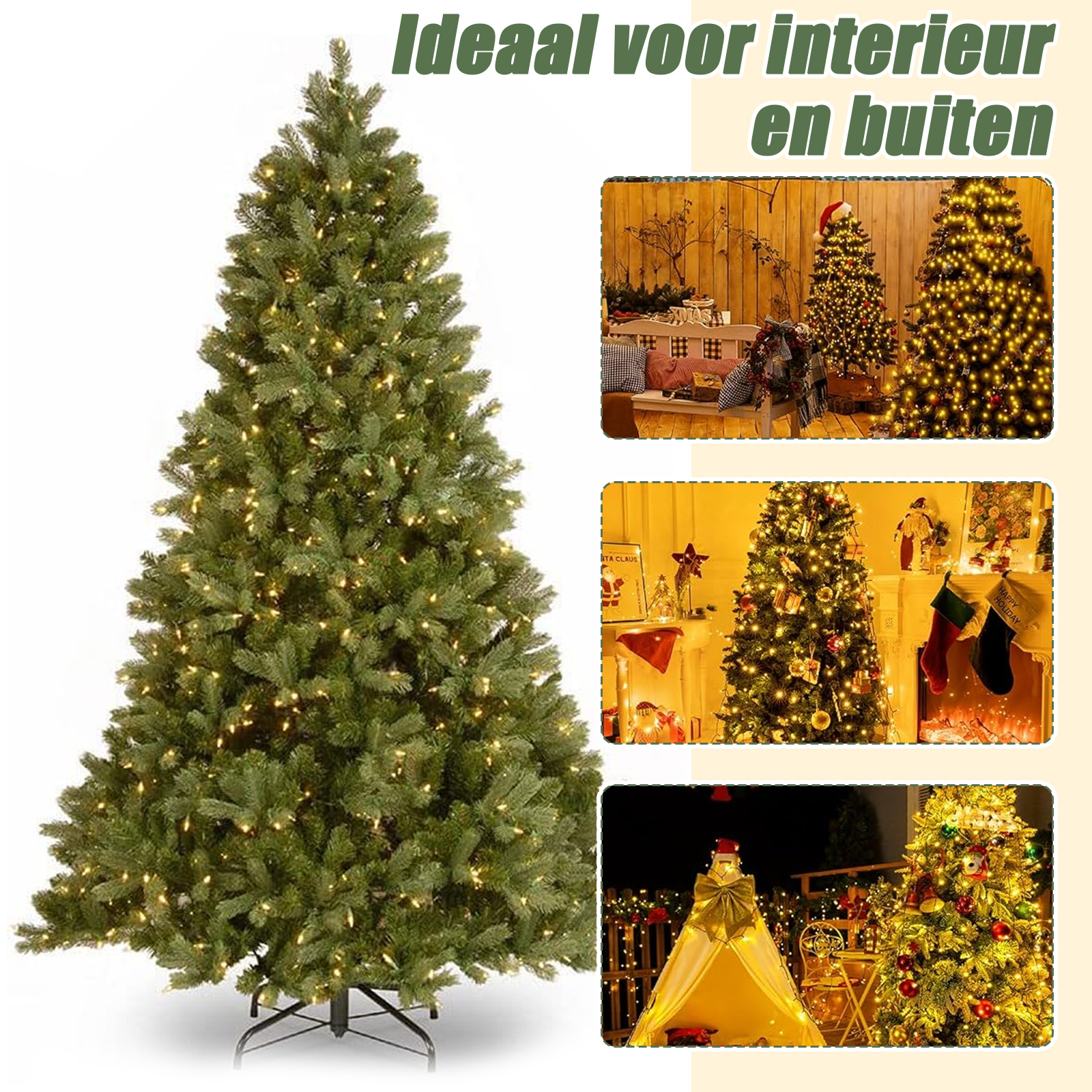 Ein grüner Weihnachtsbaum mit Lichtern, Innen- und Außenszenen.