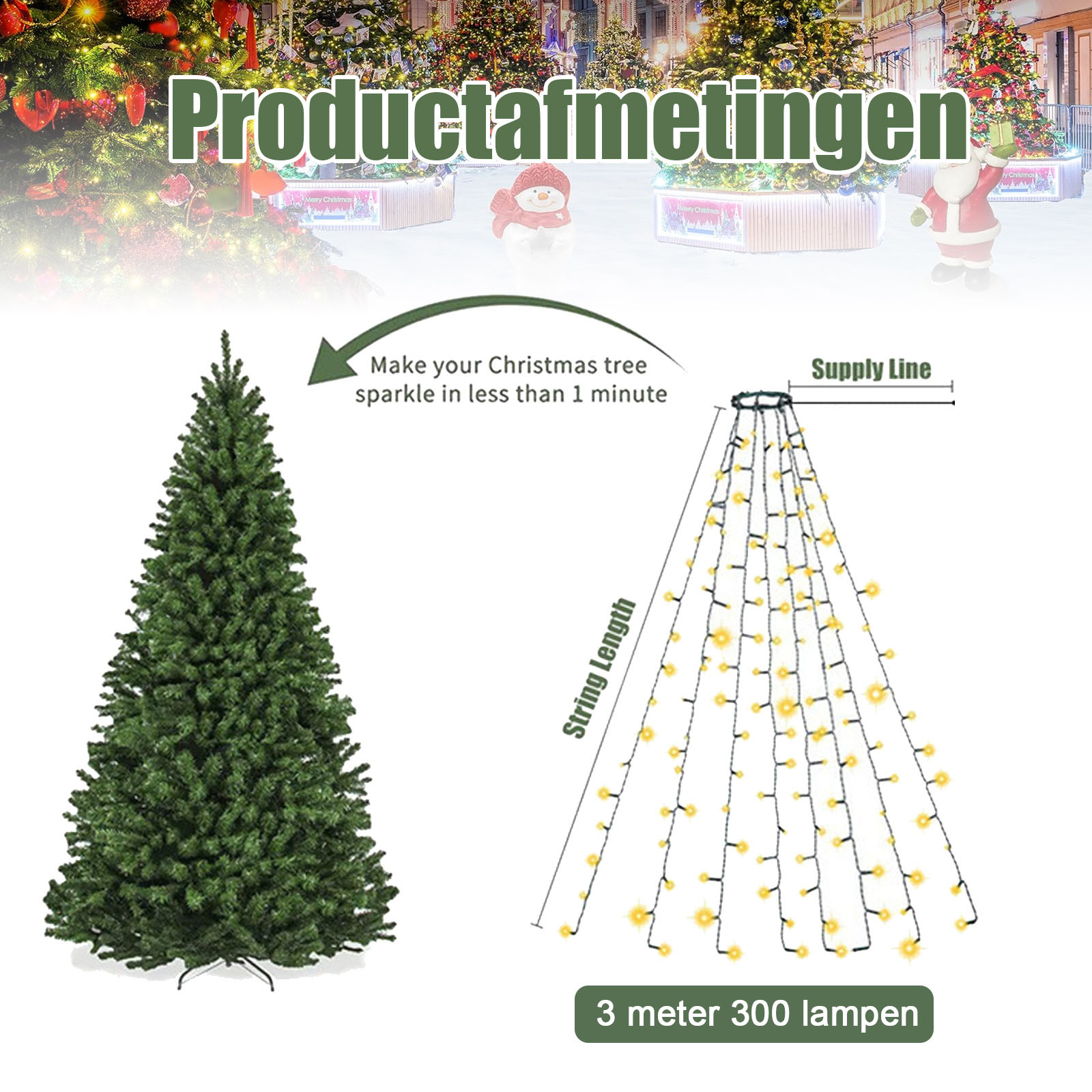 Ein grüner Weihnachtsbaum neben einer Lichterkette mit 300 Lampen.