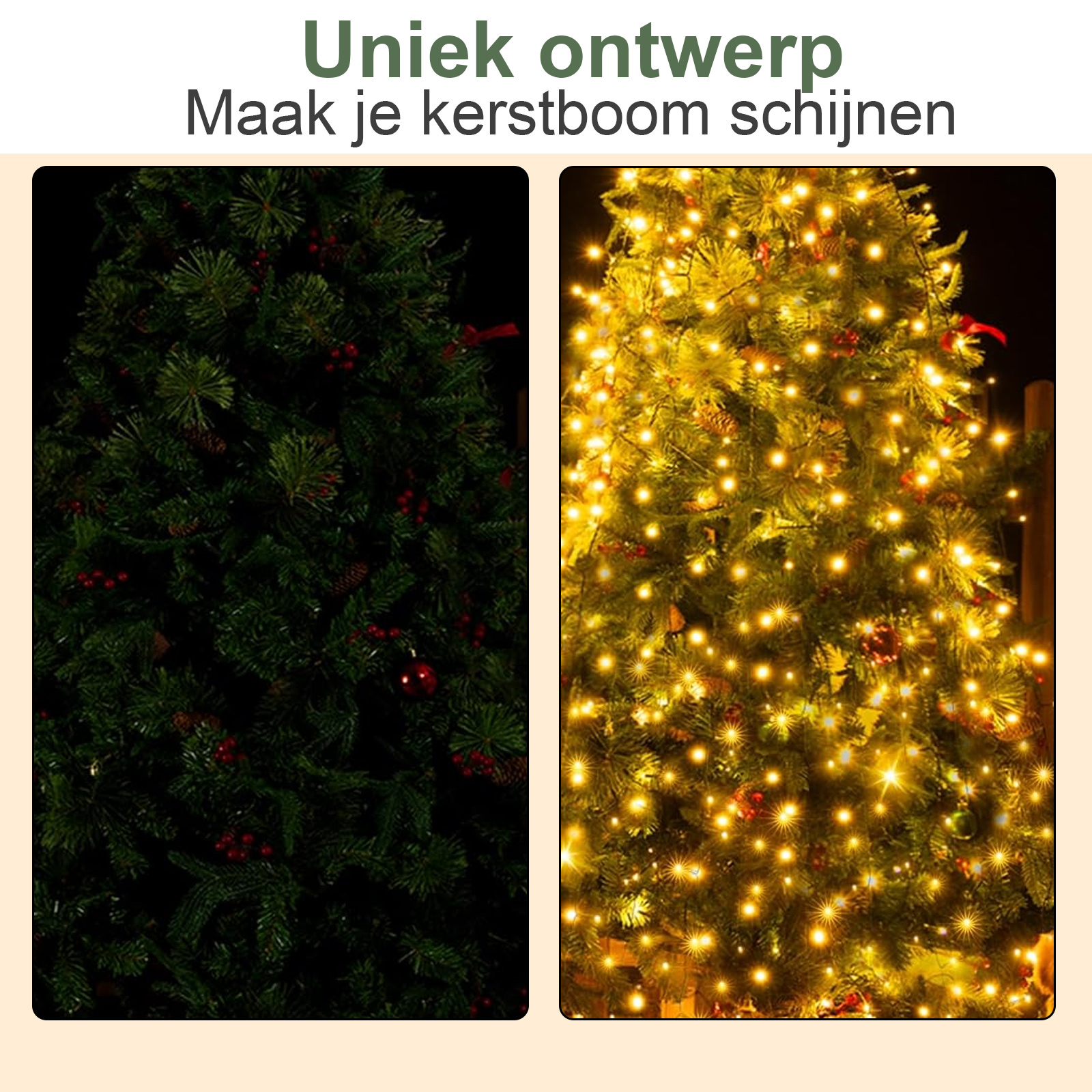 Ein Weihnachtsbaum ist dunkel und dann beleuchtet mit Lichtern.