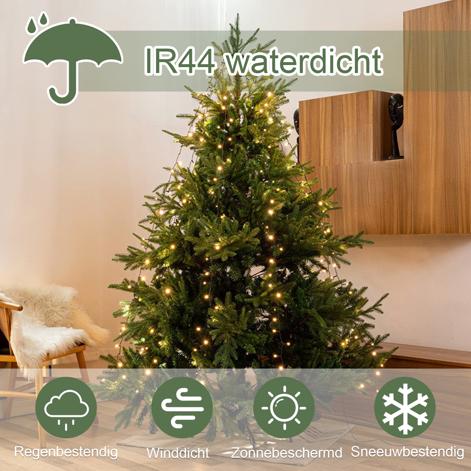 Ein Weihnachtsbaum mit Lichterketten, IR44 wasserdicht.