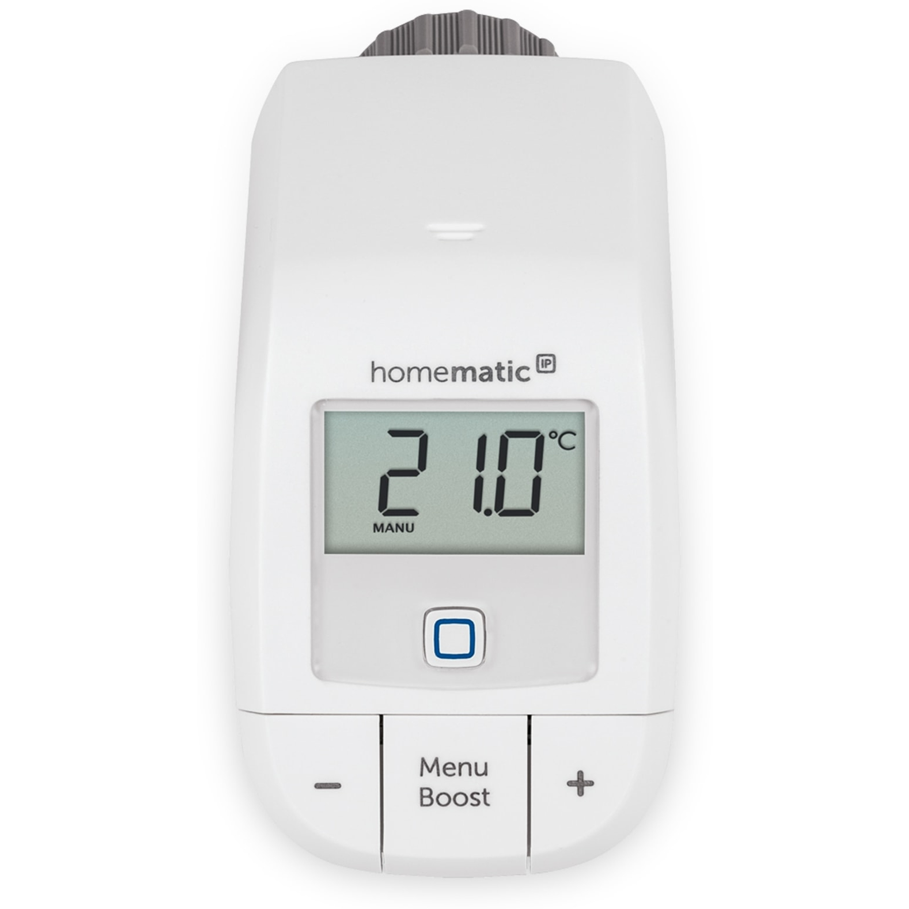 Weißer Thermostat mit Display zeigt 21.0°C. Unten: Minus, Menü, Plus.