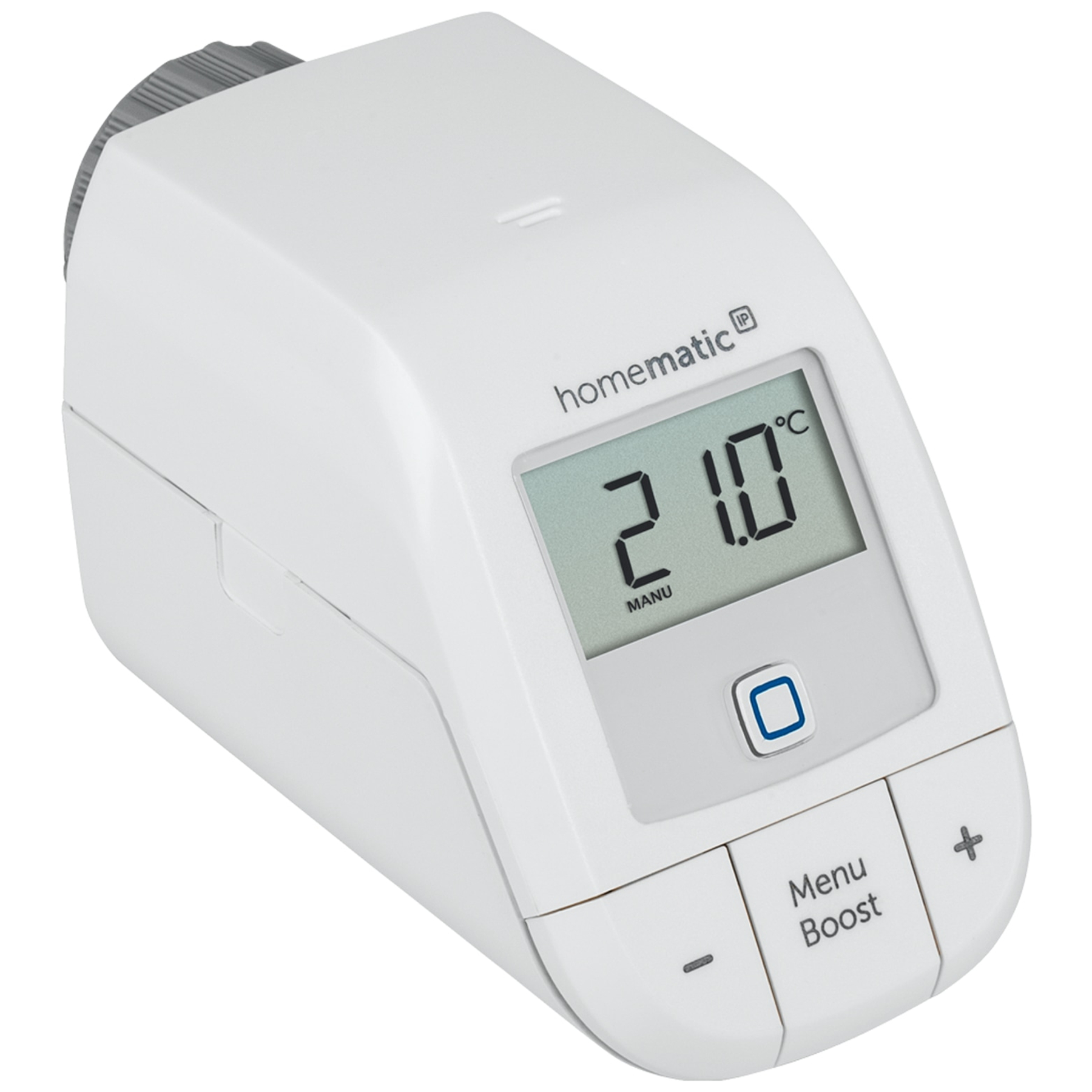 Ein weißer Homematic IP Heizkörperthermostat mit Display zeigt 21.0°C an.