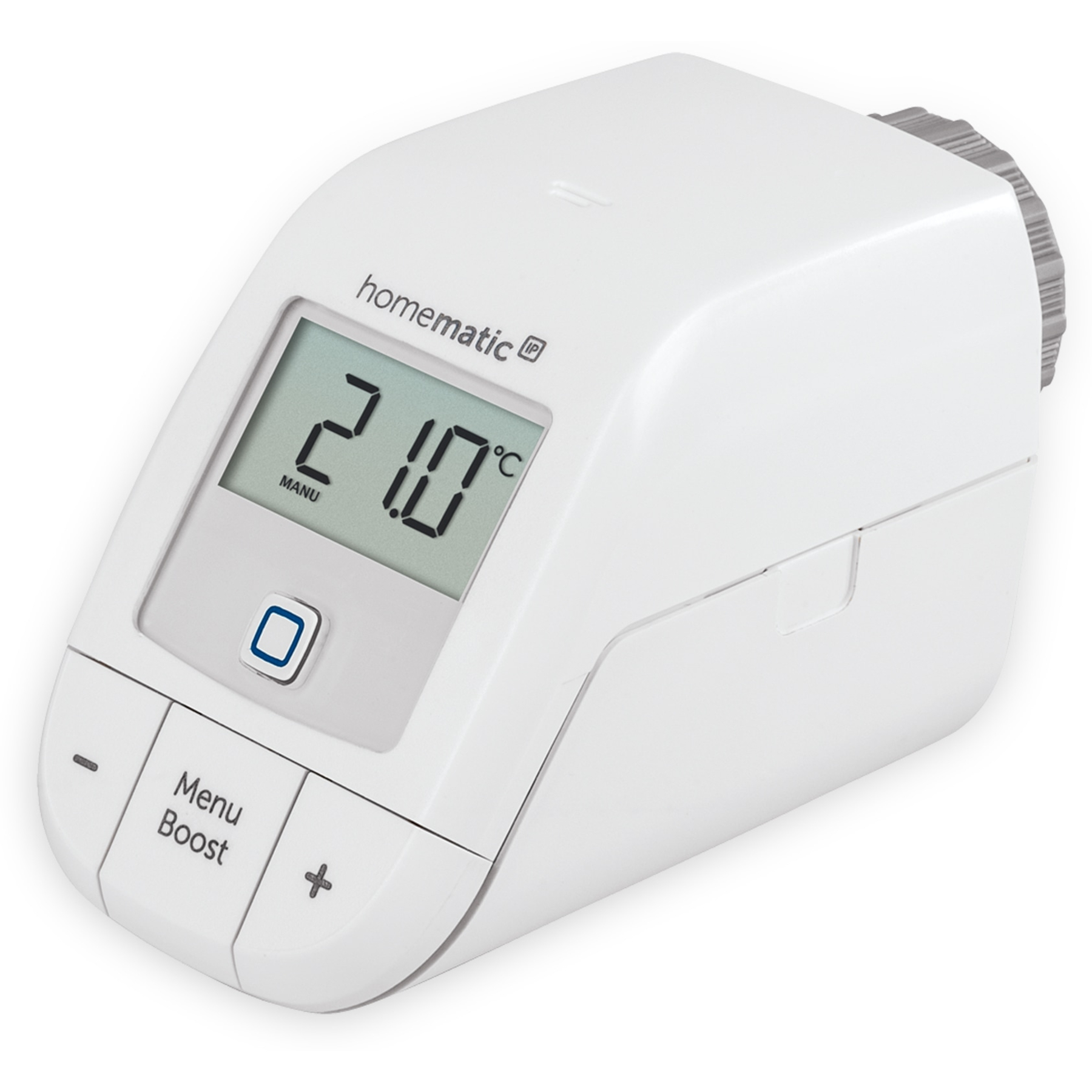 Ein weißer Thermostat mit digitaler Anzeige von 21 Grad.