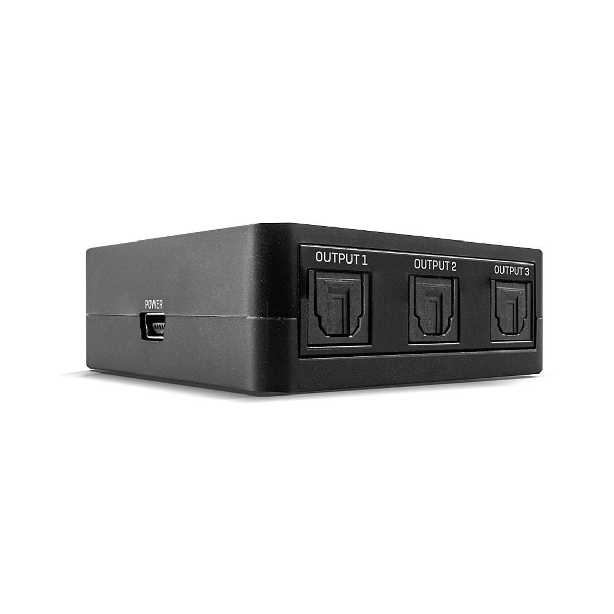 Schwarzer Audio-Splitter mit drei optischen Ausgängen und Stromanschluss.