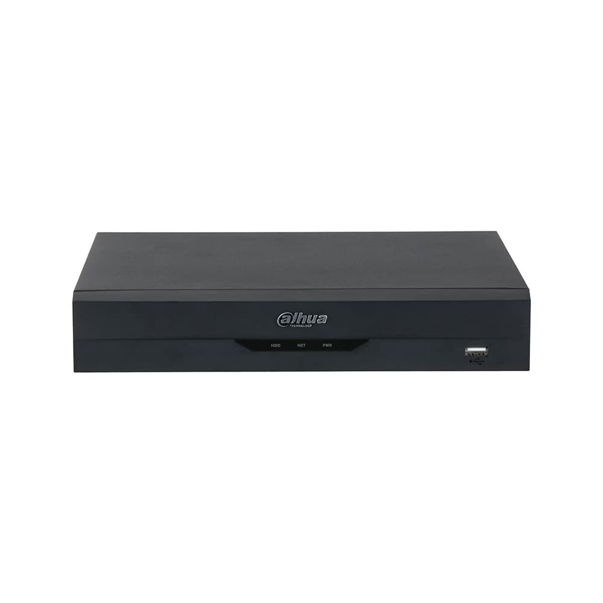 Ein schwarzer Dahua DVR mit HDD-, NET- und PWR-Anzeigen sowie einem USB-Anschluss.