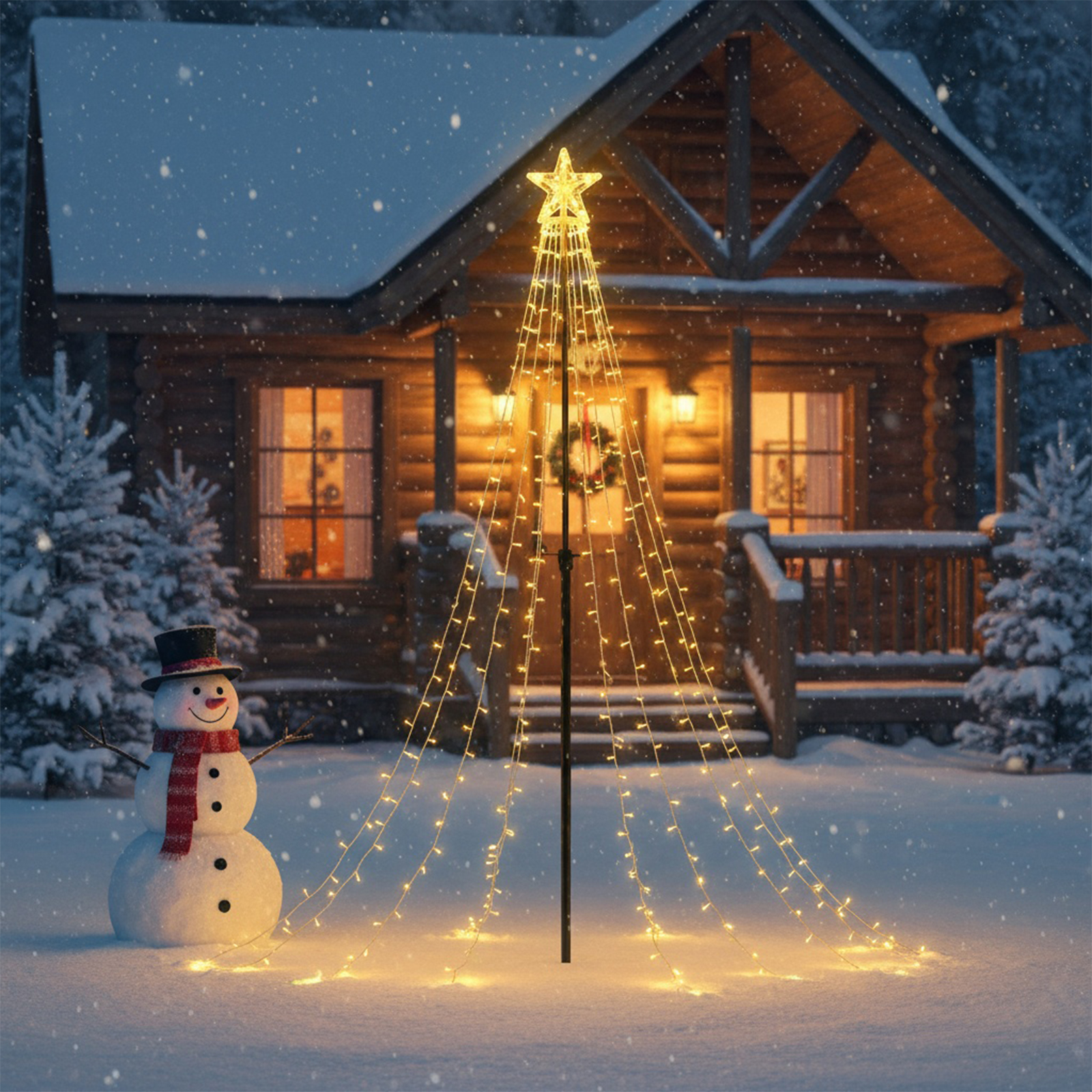 Schneemann mit rotem Schal vor einem Blockhaus mit Lichterbaum im Schnee.
