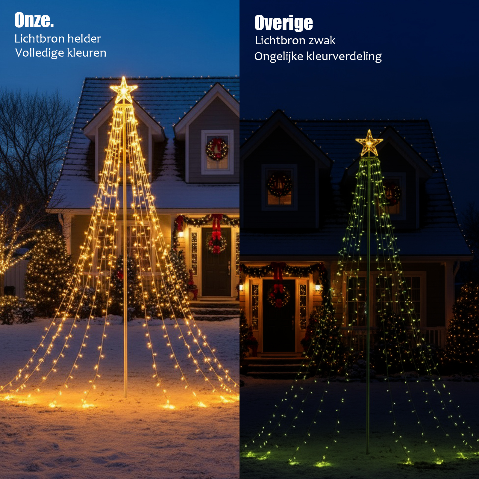 Zwei Bilder eines Hauses mit Weihnachtsbeleuchtung. Links hellgelb, rechts grün.