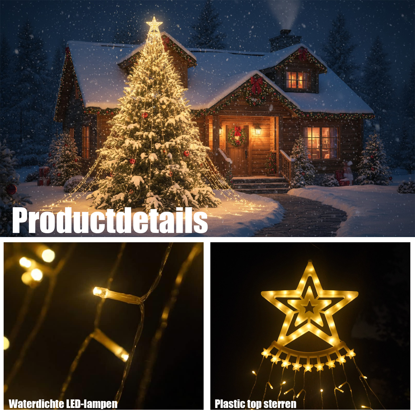 Ein verschneites Holzhaus mit Weihnachtsbaum und Lichterketten bei Nacht.