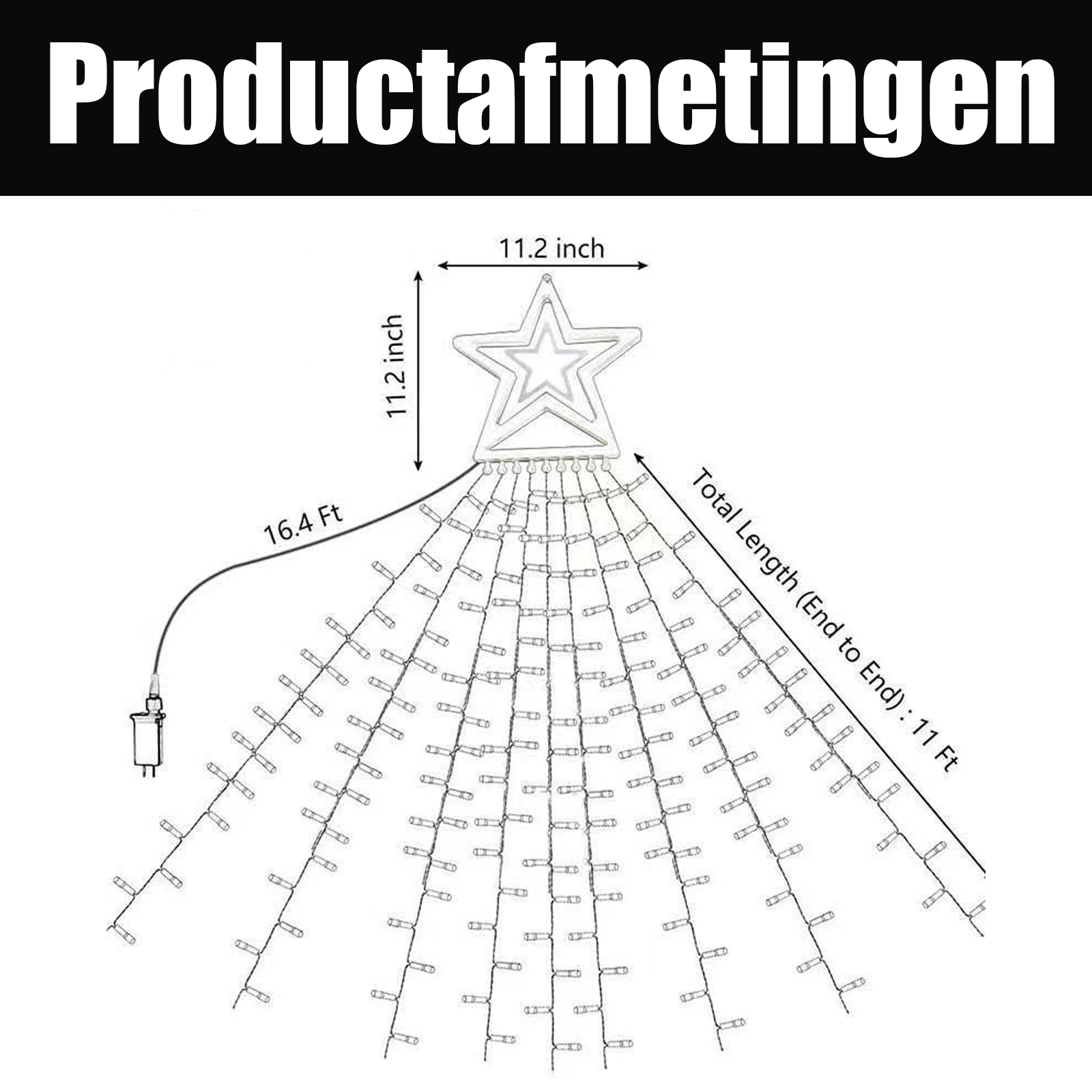 Stern-Lichterkette mit Maßen: 11,2 Zoll Stern, 16,4 Ft Kabel, 11 Ft Gesamtlänge.