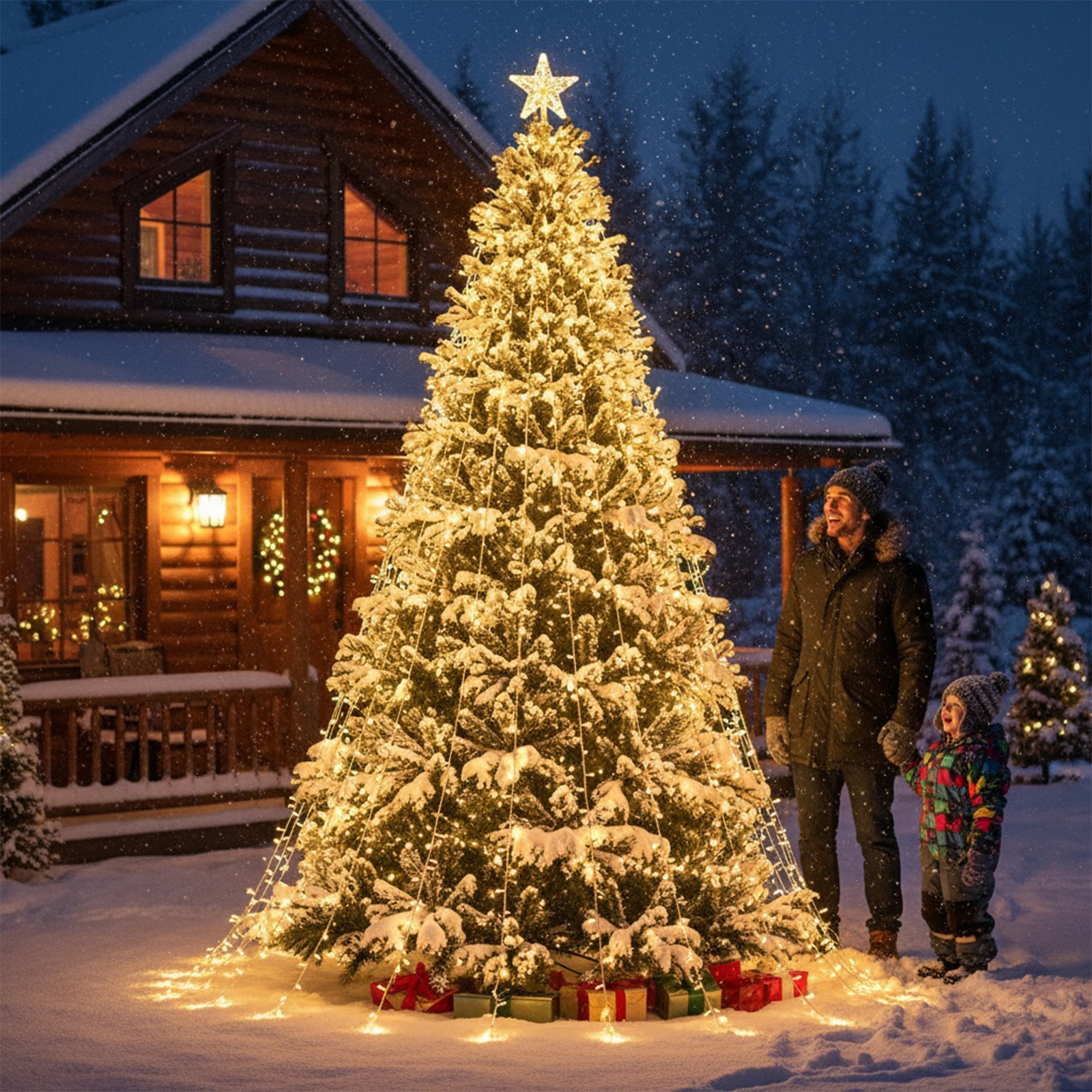 Vater und Kind vor verschneitem Weihnachtsbaum vor Blockhütte bei Nacht.