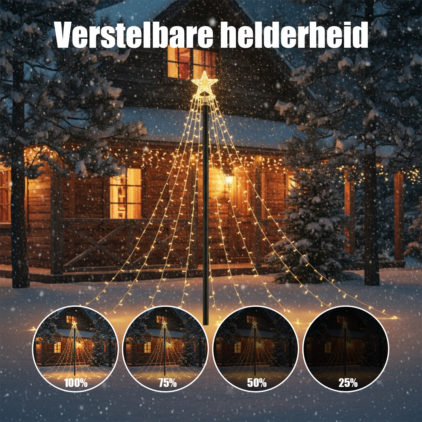 Ein Stern auf einem Mast mit Lichterketten, daneben vier Kreise mit unterschiedlicher Helligkeit.