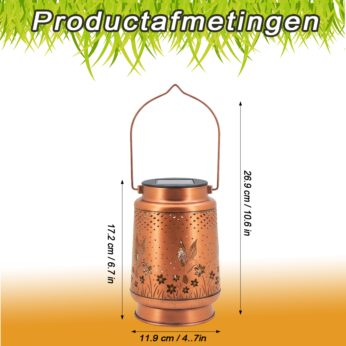 Kupferne Laterne mit Vogel- und Blumenmuster, H: 26,9 cm, B: 11,9 cm.