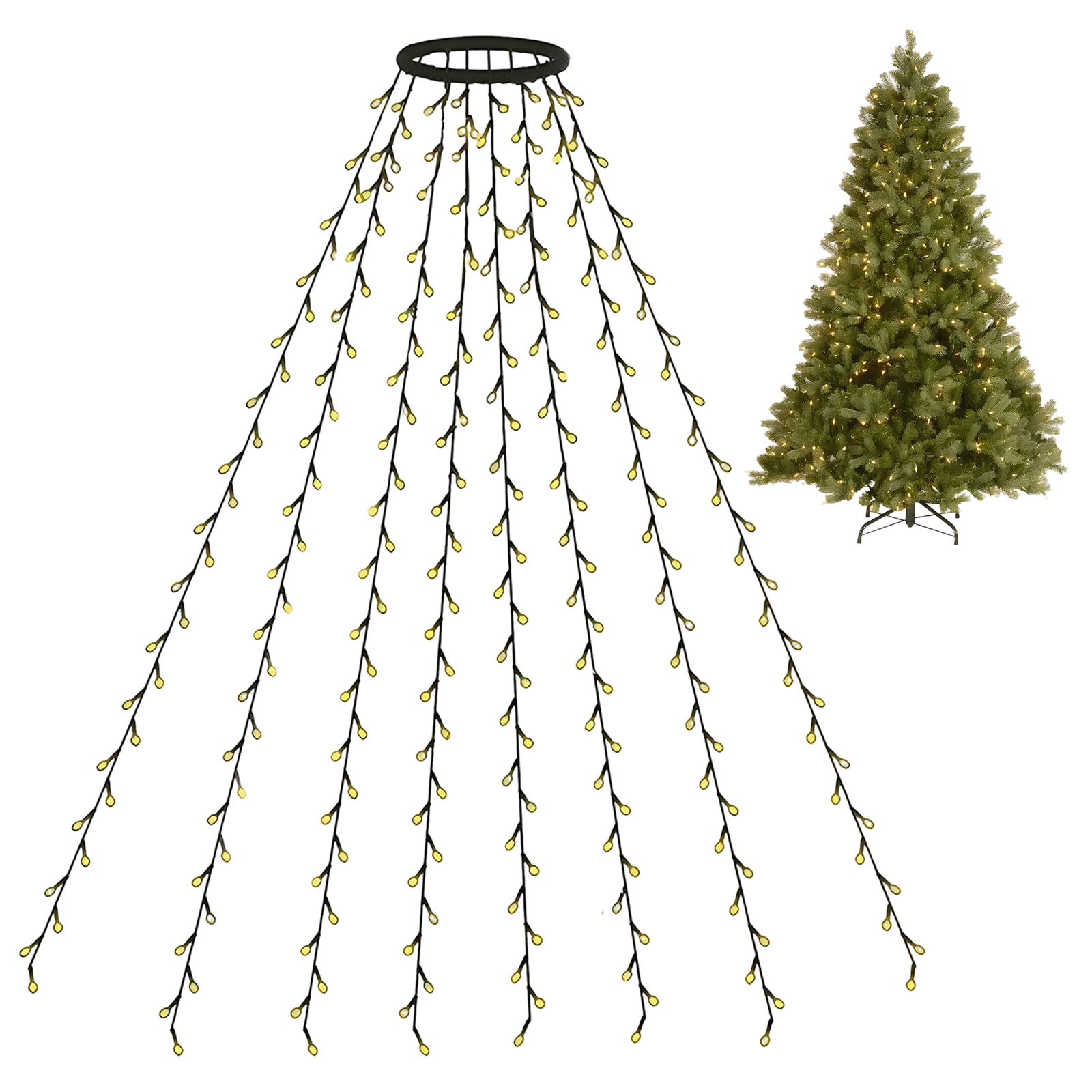 Lichterkette mit gelben Lichtern, die von einem Ring herabhängen, neben einem Weihnachtsbaum.