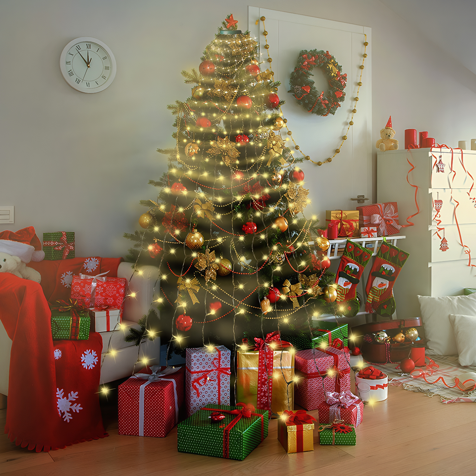 Weihnachtsbaum mit Lichtern, Geschenken, Weihnachtsmannsocken und einem Kranz.