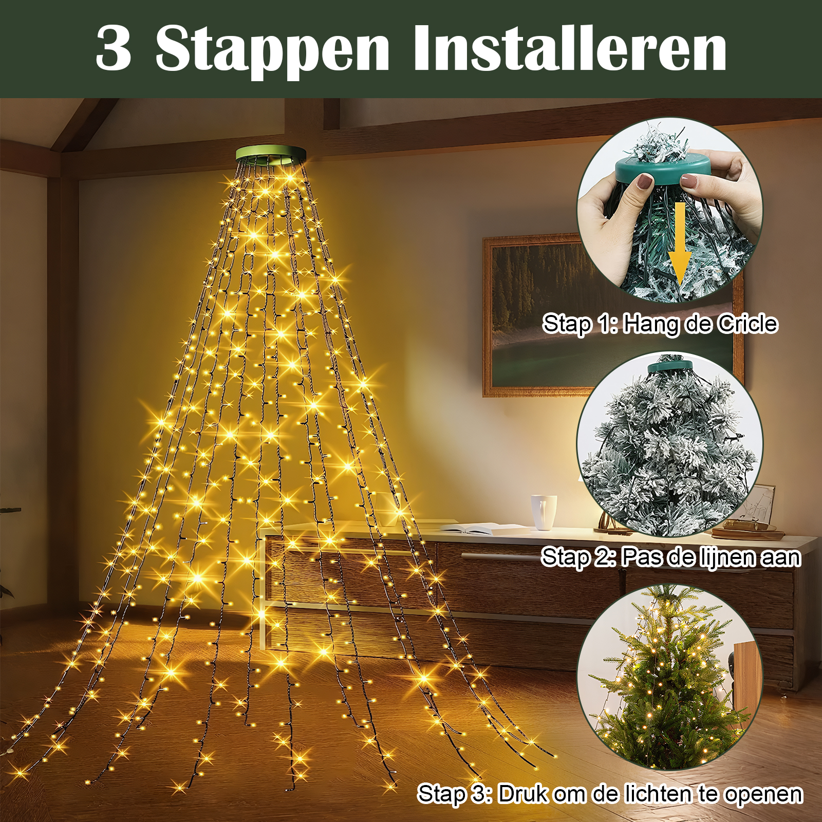 Ein hängendes Lichterketten-Bäumchen mit drei Installationsschritten.