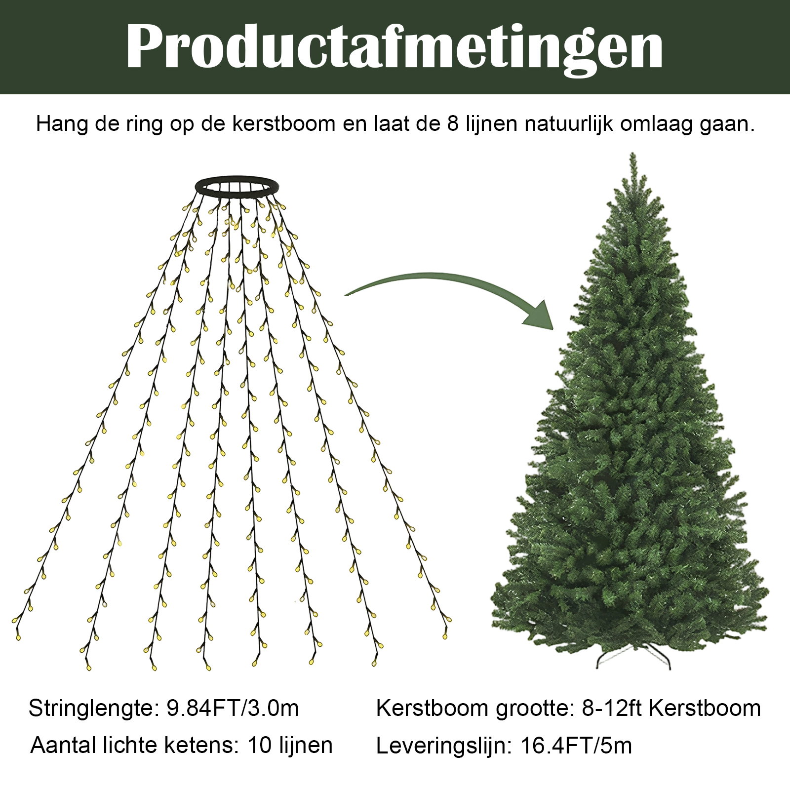 Lichterkette mit 10 Strängen hängt von einem Ring, neben einem Weihnachtsbaum.