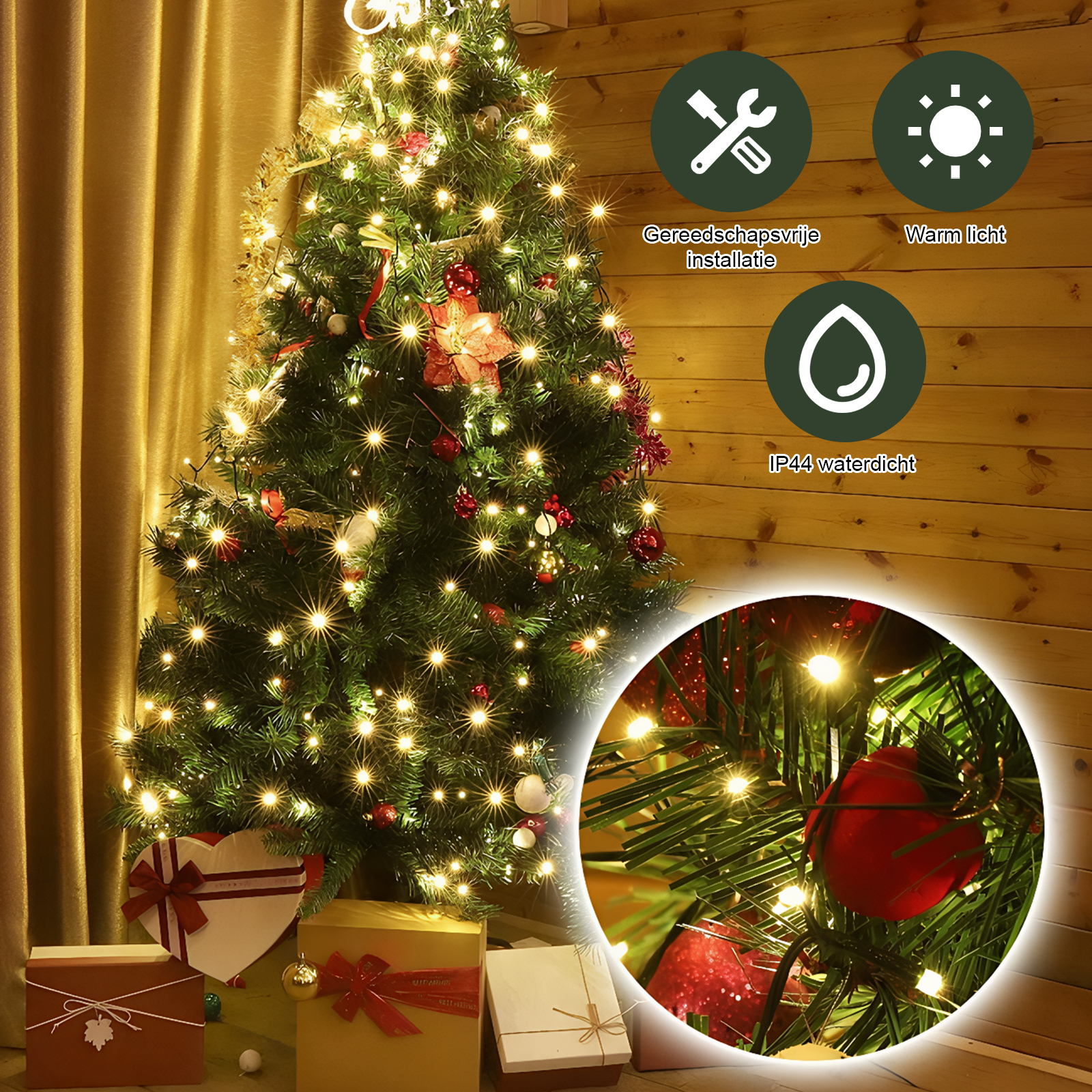 Ein geschmückter Weihnachtsbaum mit Lichtern und Geschenken.